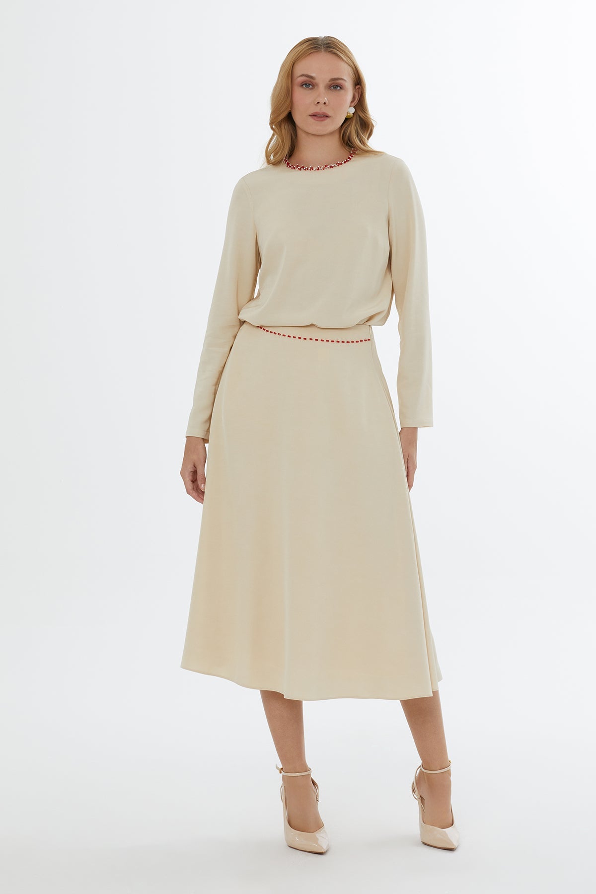 Beige Beaded Flared Midi Skirt