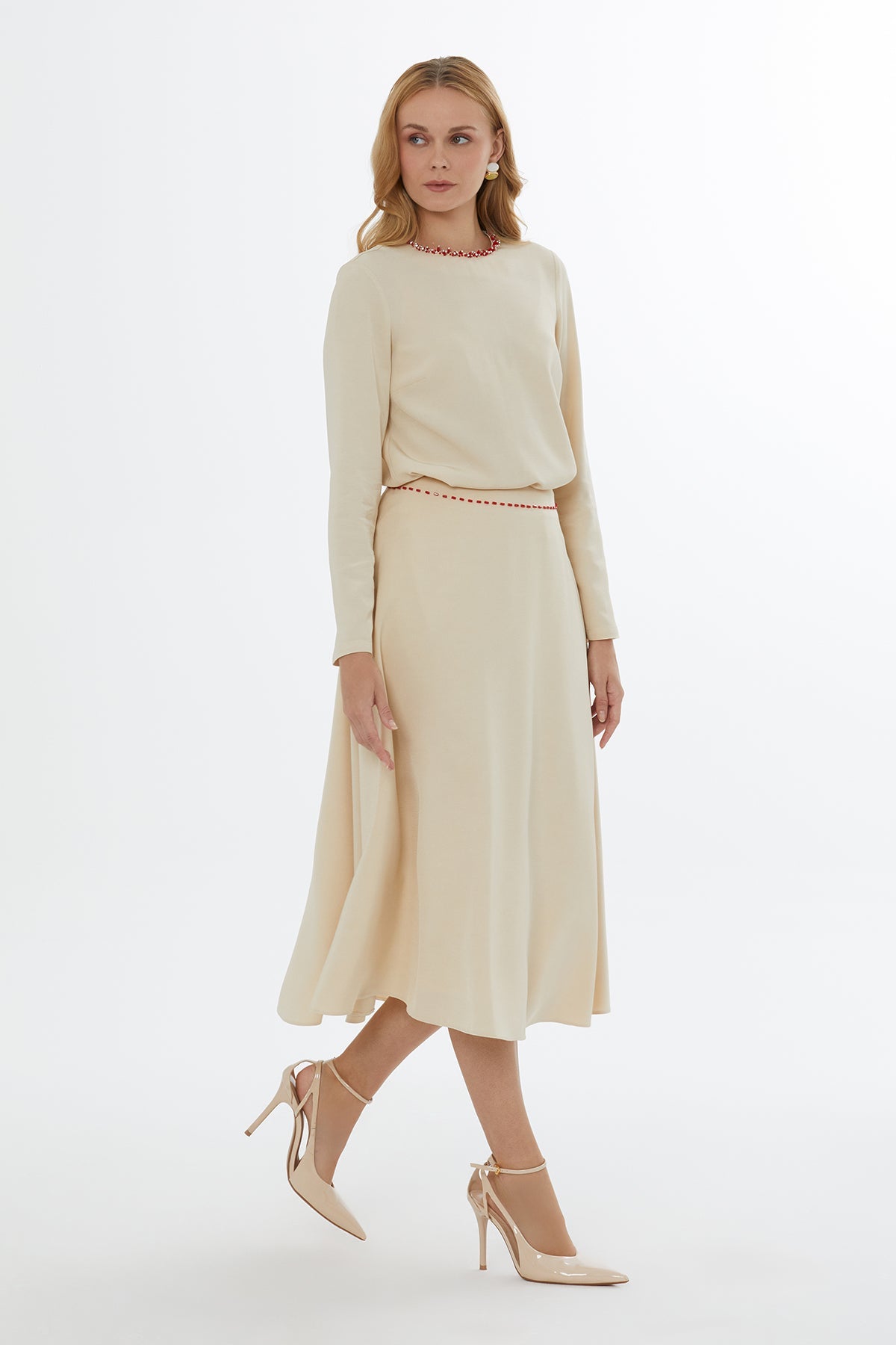 Beige Beaded Flared Midi Skirt