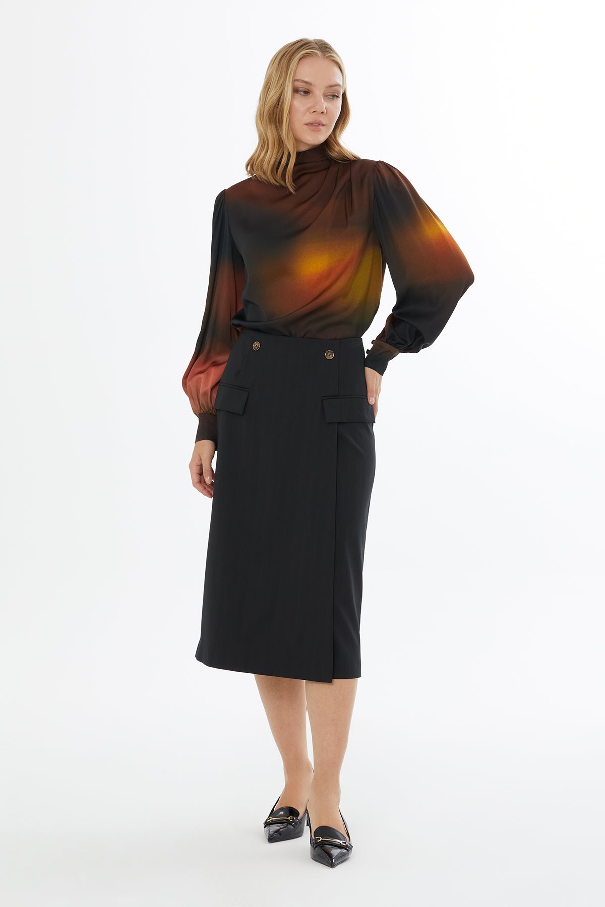 Black Button-Detail Skirt with Pockets