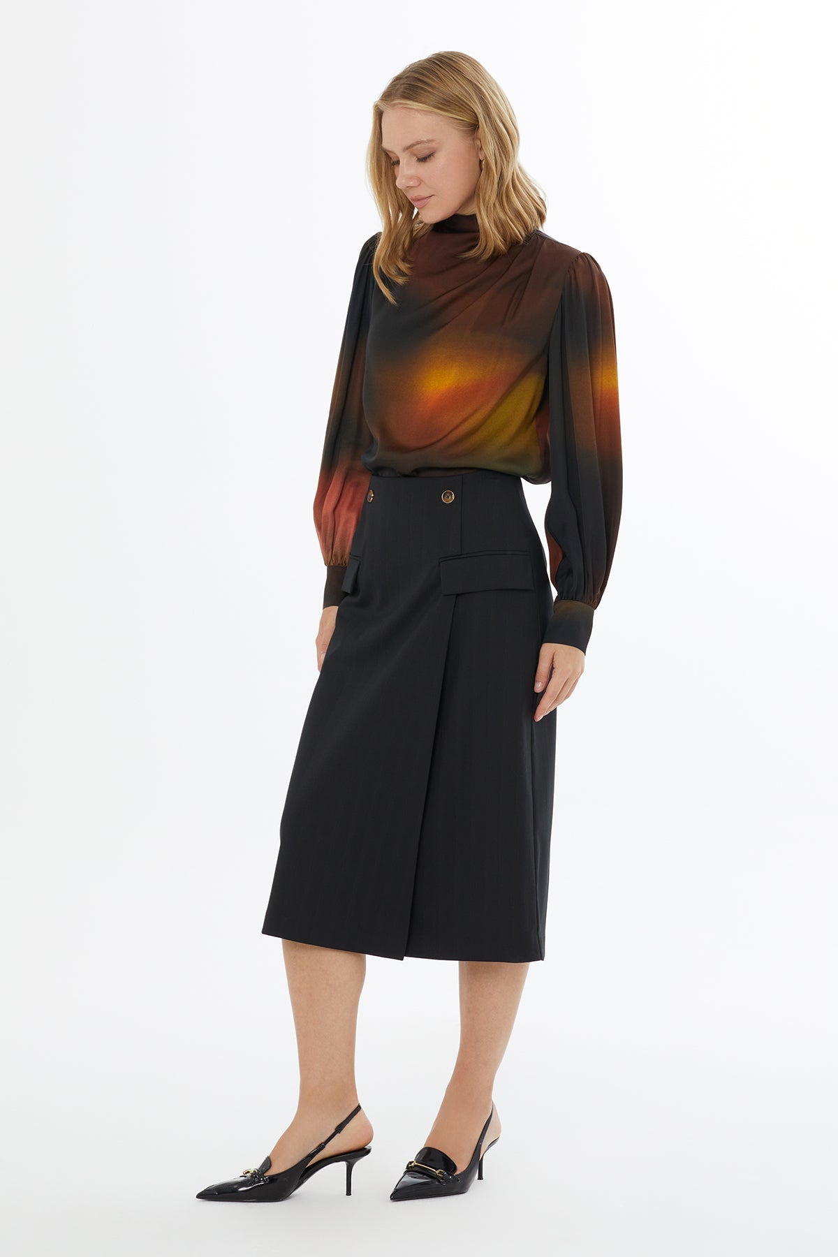 Black Button-Detail Skirt with Pockets