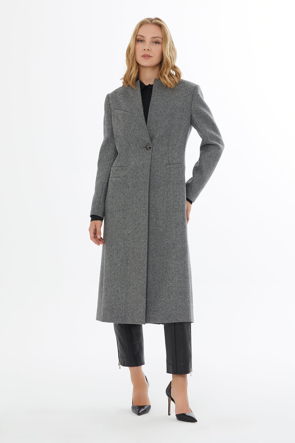 Grey Button Detail Full-Fit Coat