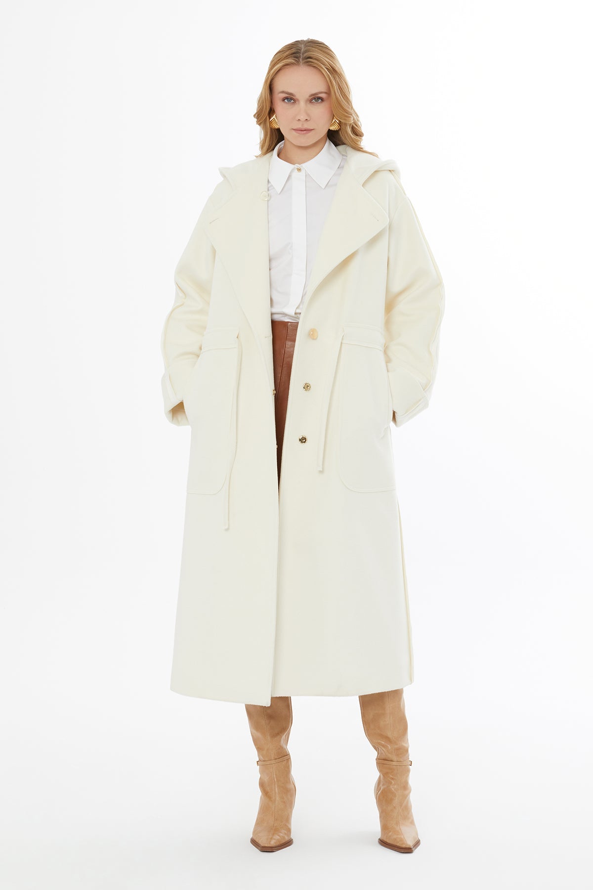 White Hooded Coat with Tie Detail