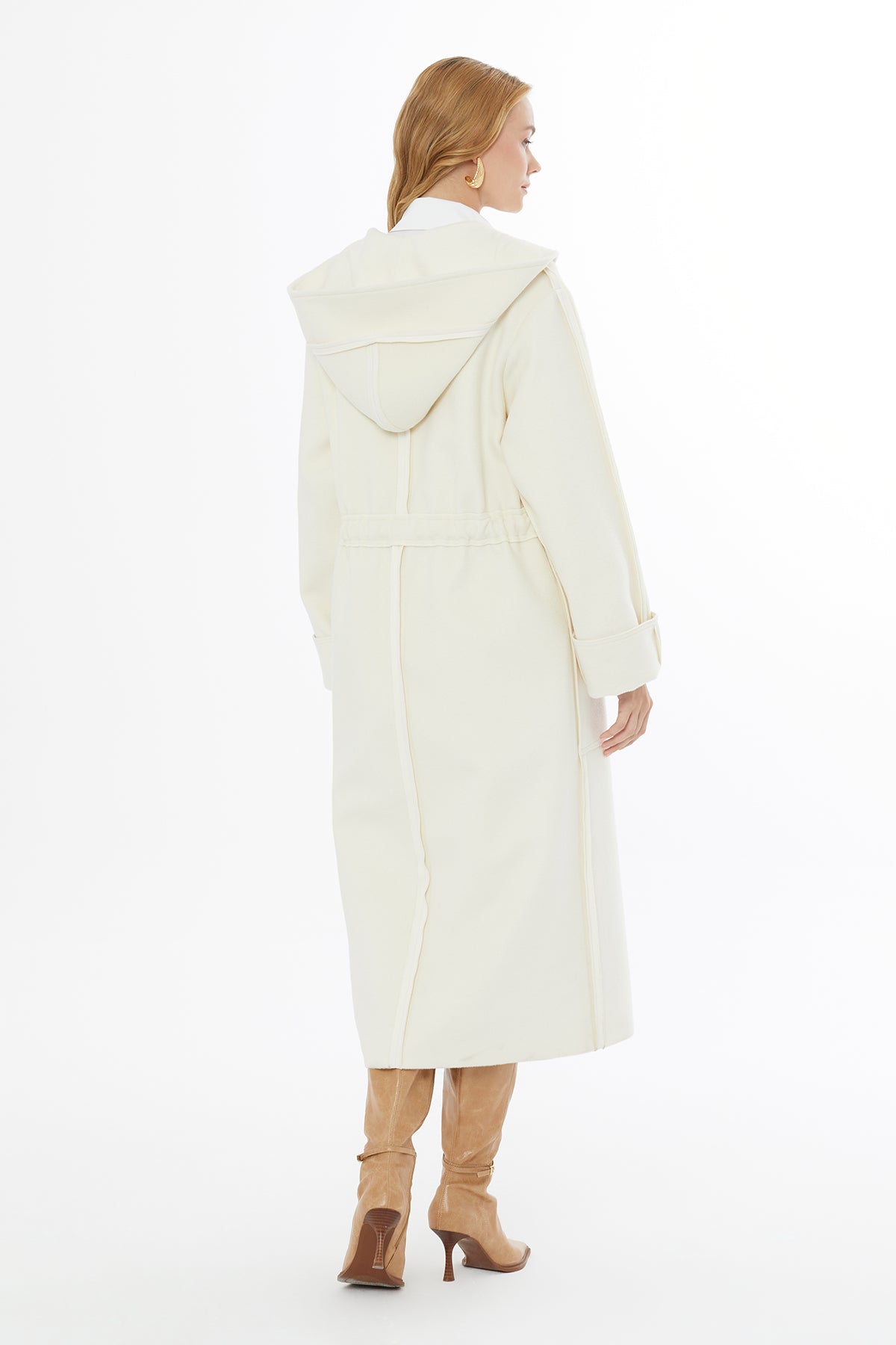 White Hooded Coat with Tie Detail