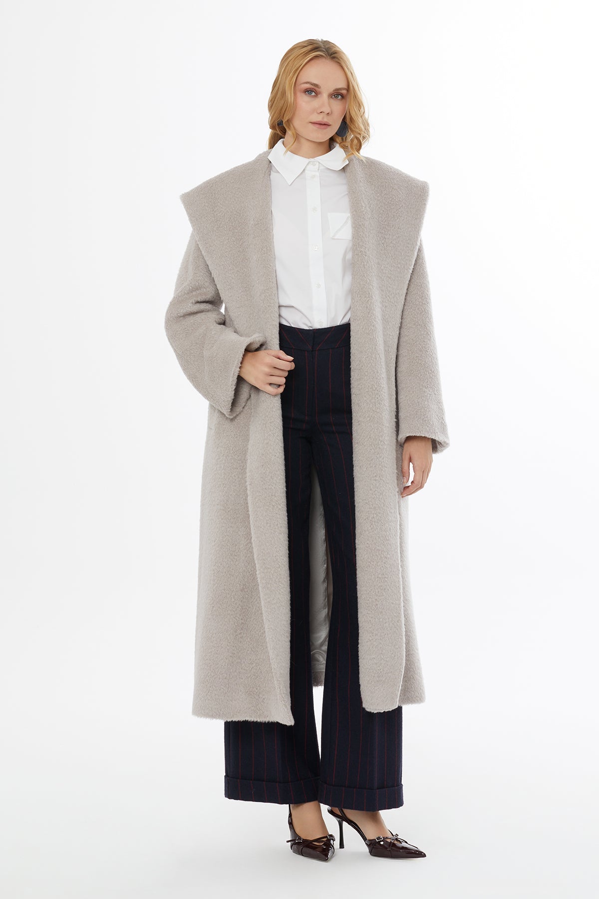 Beige Hooded Coat with Belt Closure