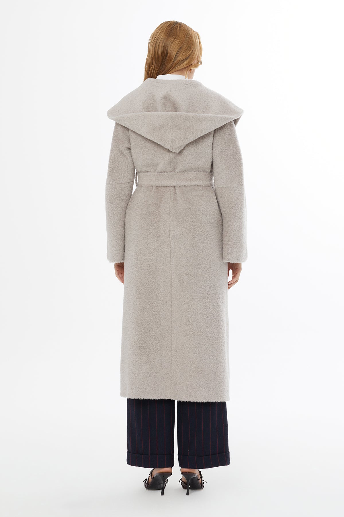 Beige Hooded Coat with Belt Closure