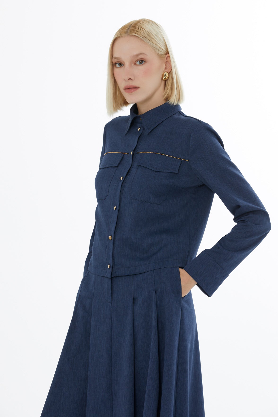 Navy Shirt and Midi Skirt Set