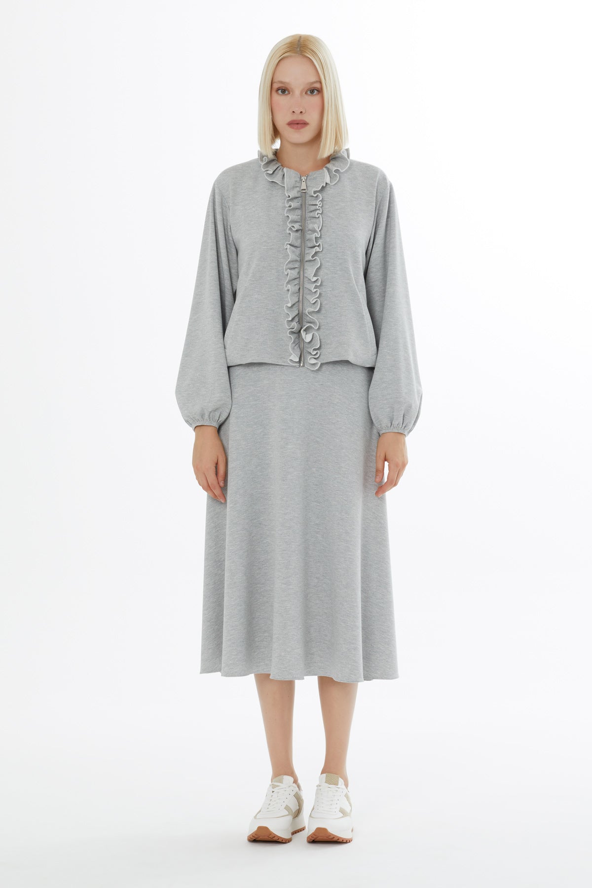 Grey Cardigan and Midi Skirt Set