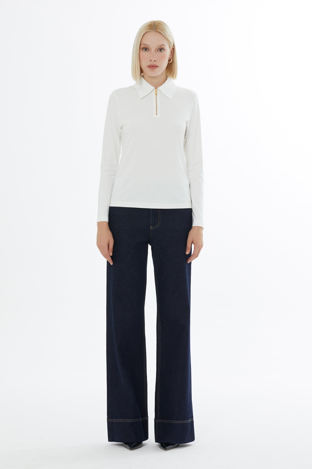 Beige Blouse with Detailed Polo Collar