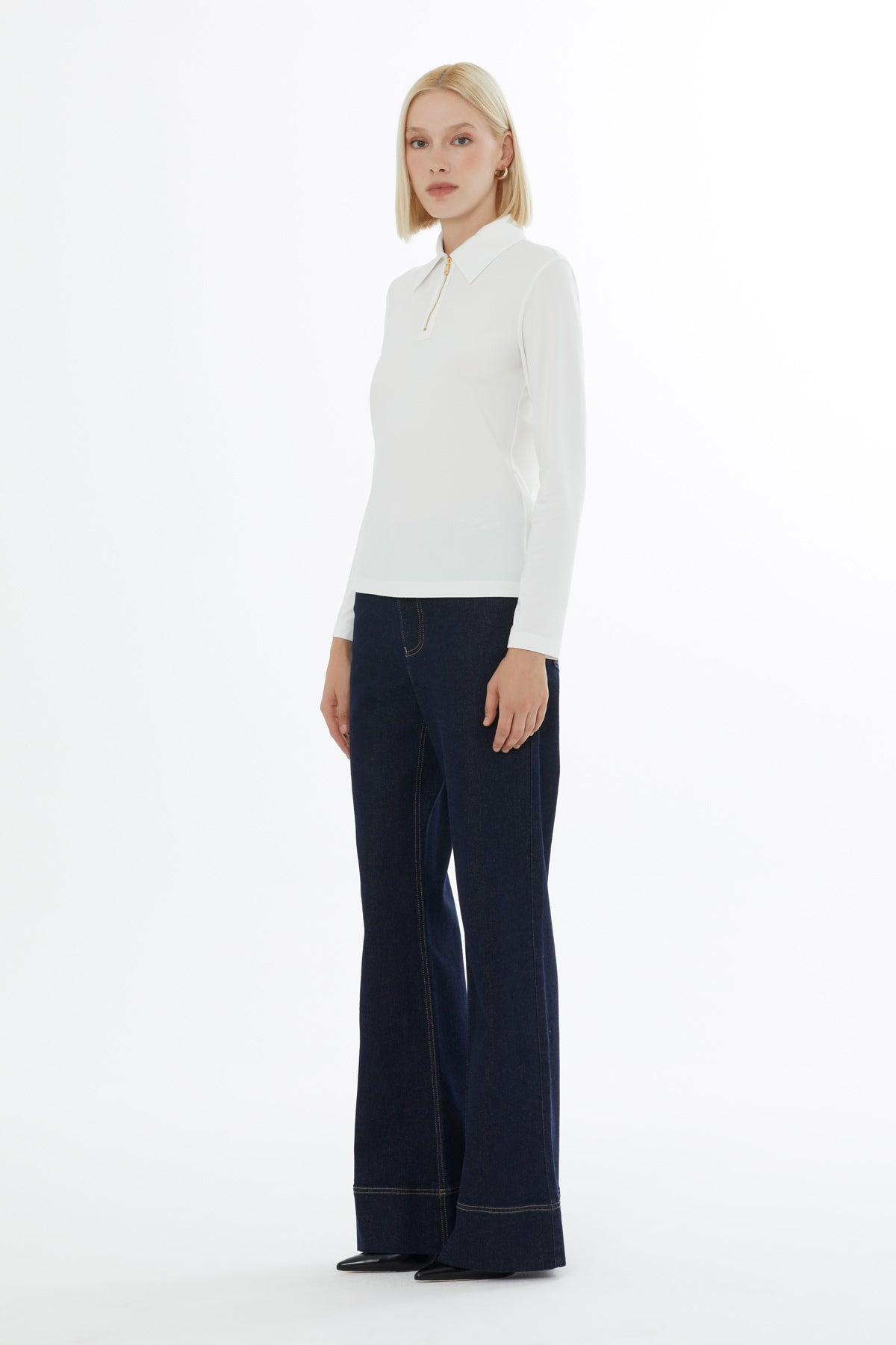 Beige Blouse with Detailed Polo Collar