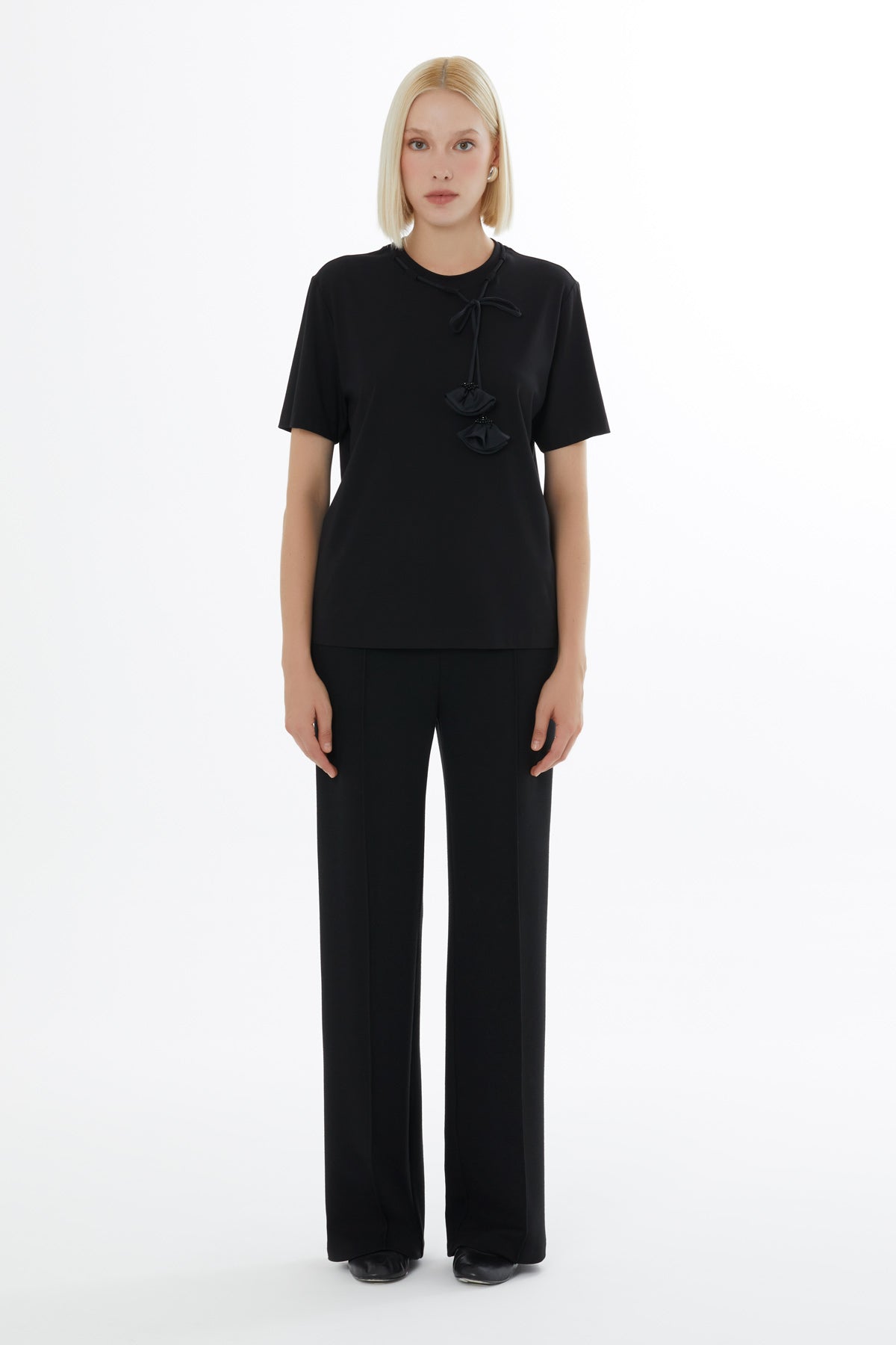 Black Minimalist Blouse with Accessory Details