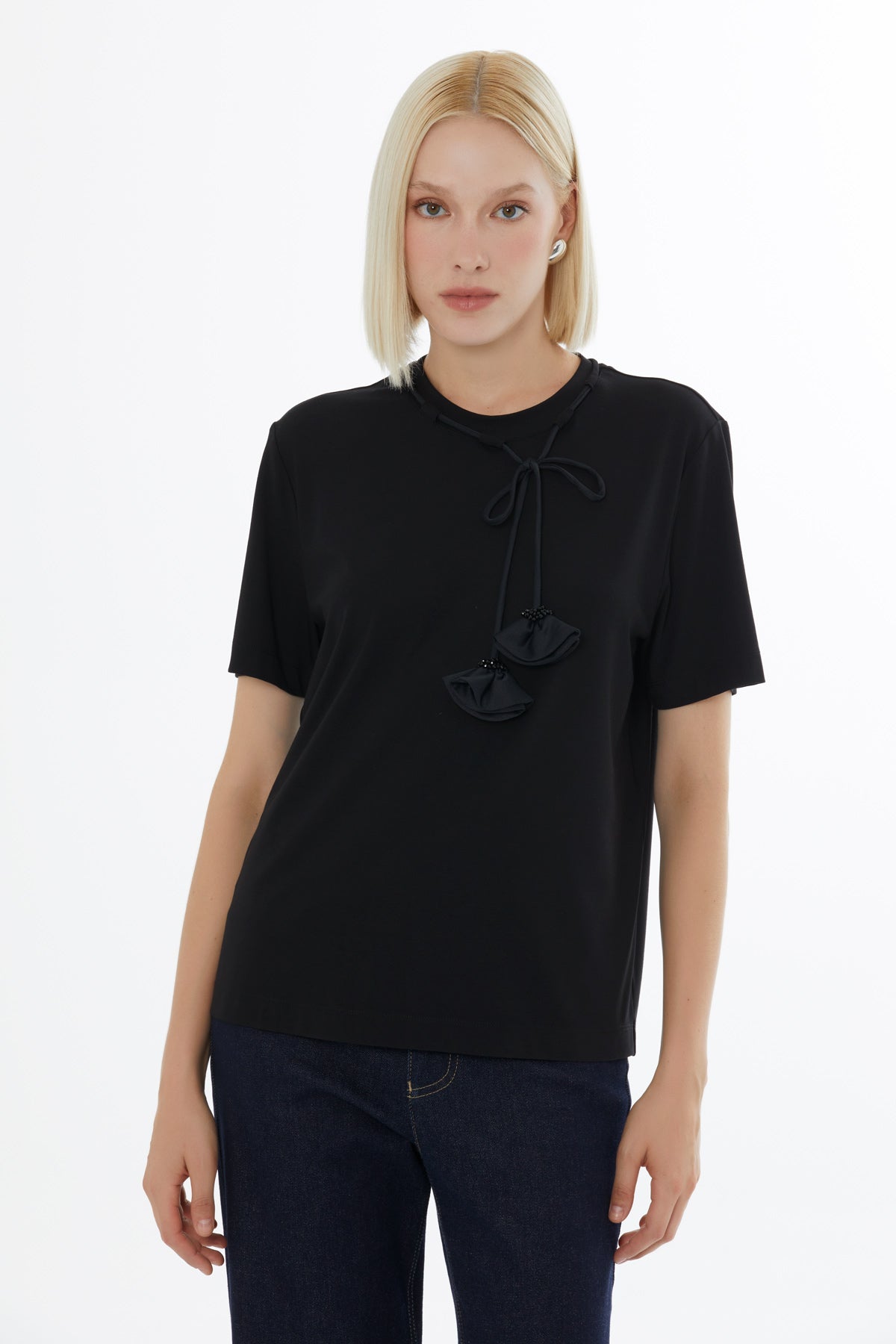 Black Minimalist Blouse with Accessory Details