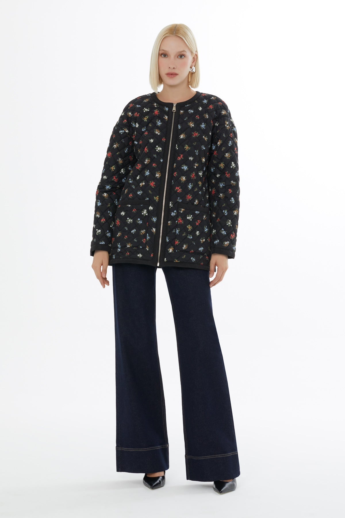 Black Quilted Coat with Floral Pattern