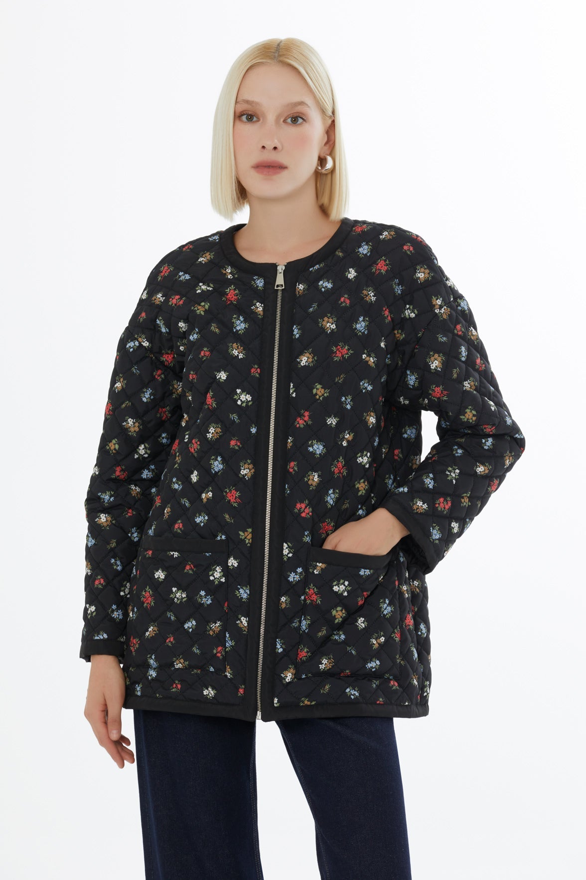 Black Quilted Coat with Floral Pattern
