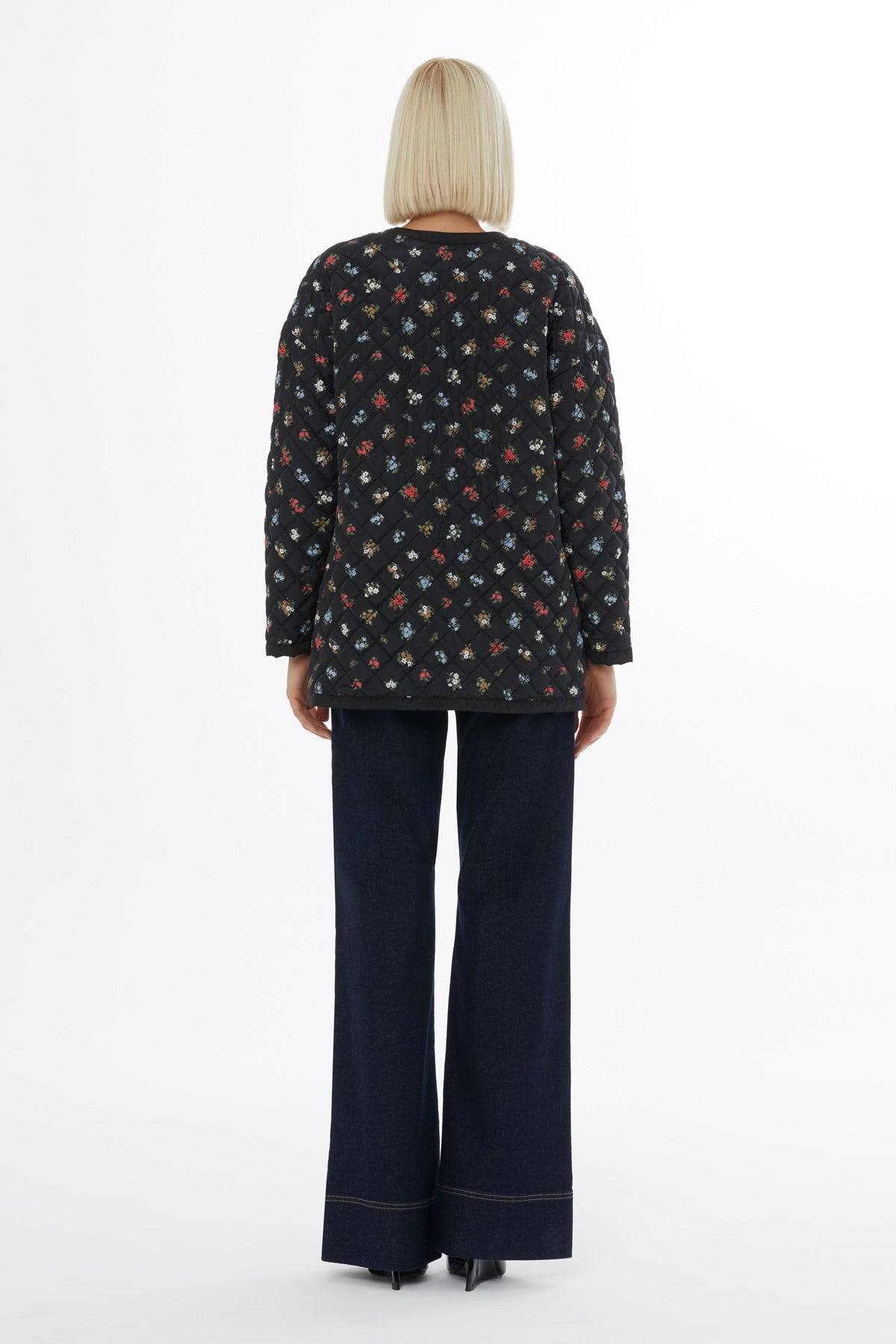 Black Quilted Coat with Floral Pattern