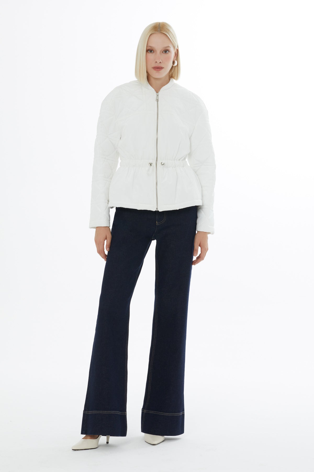 White Quilted Jacket with Elastic Waistband