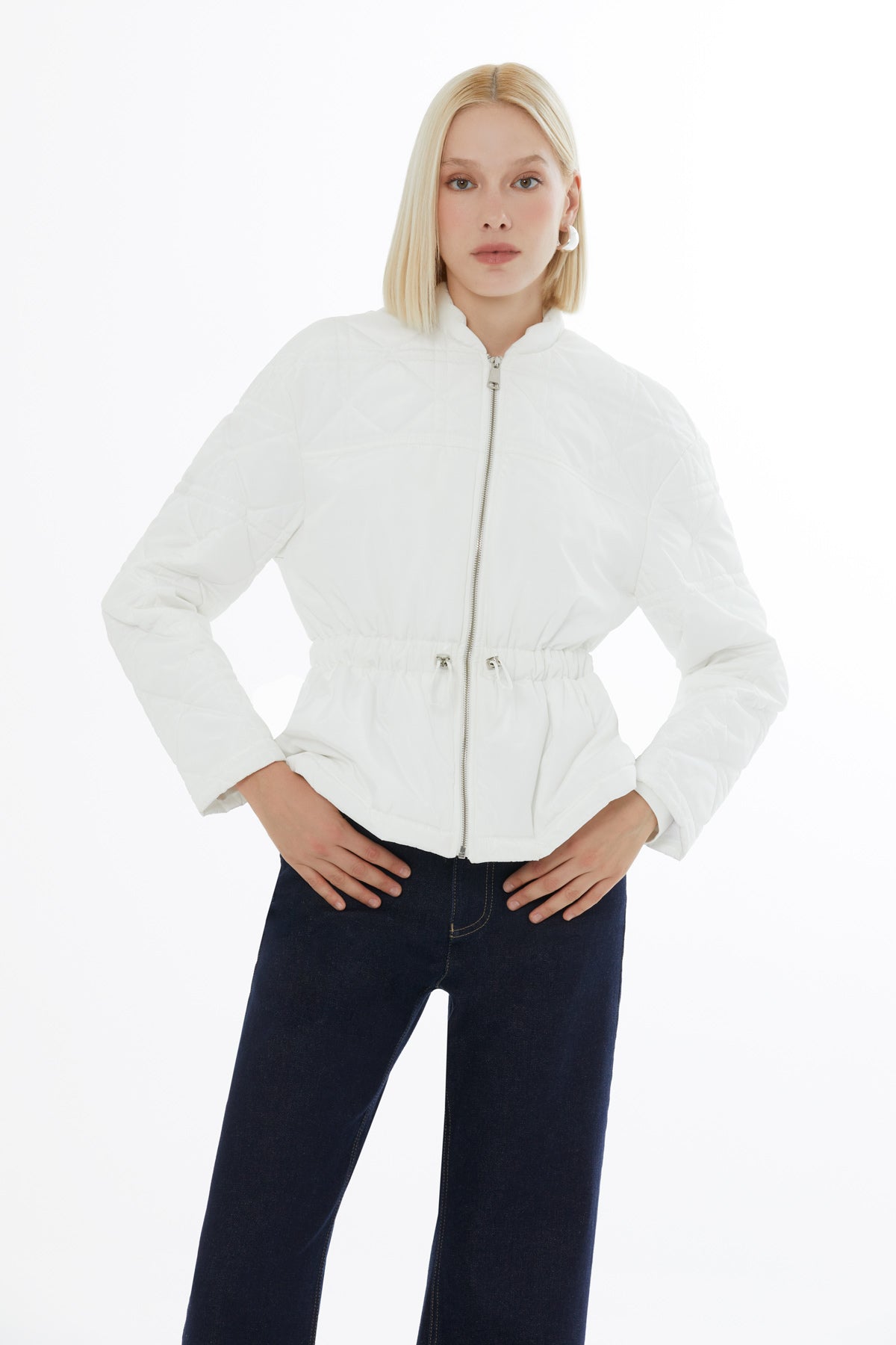 White Quilted Jacket with Elastic Waistband