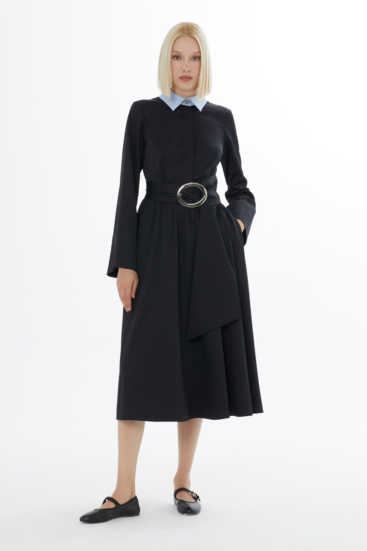 Black Garni Belted Midi Dress
