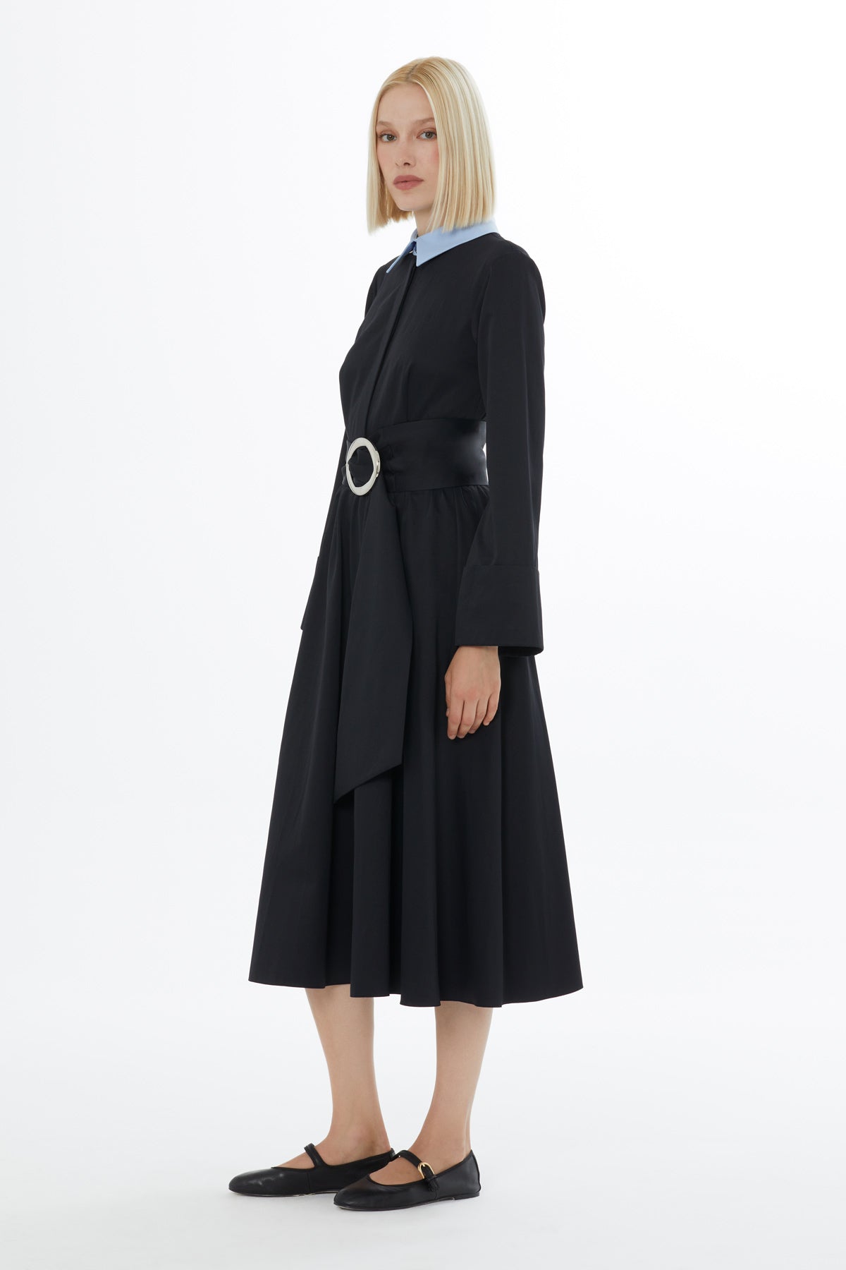 Black Garni Belted Midi Dress