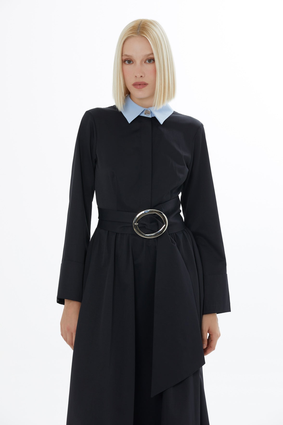 Black Garni Belted Midi Dress