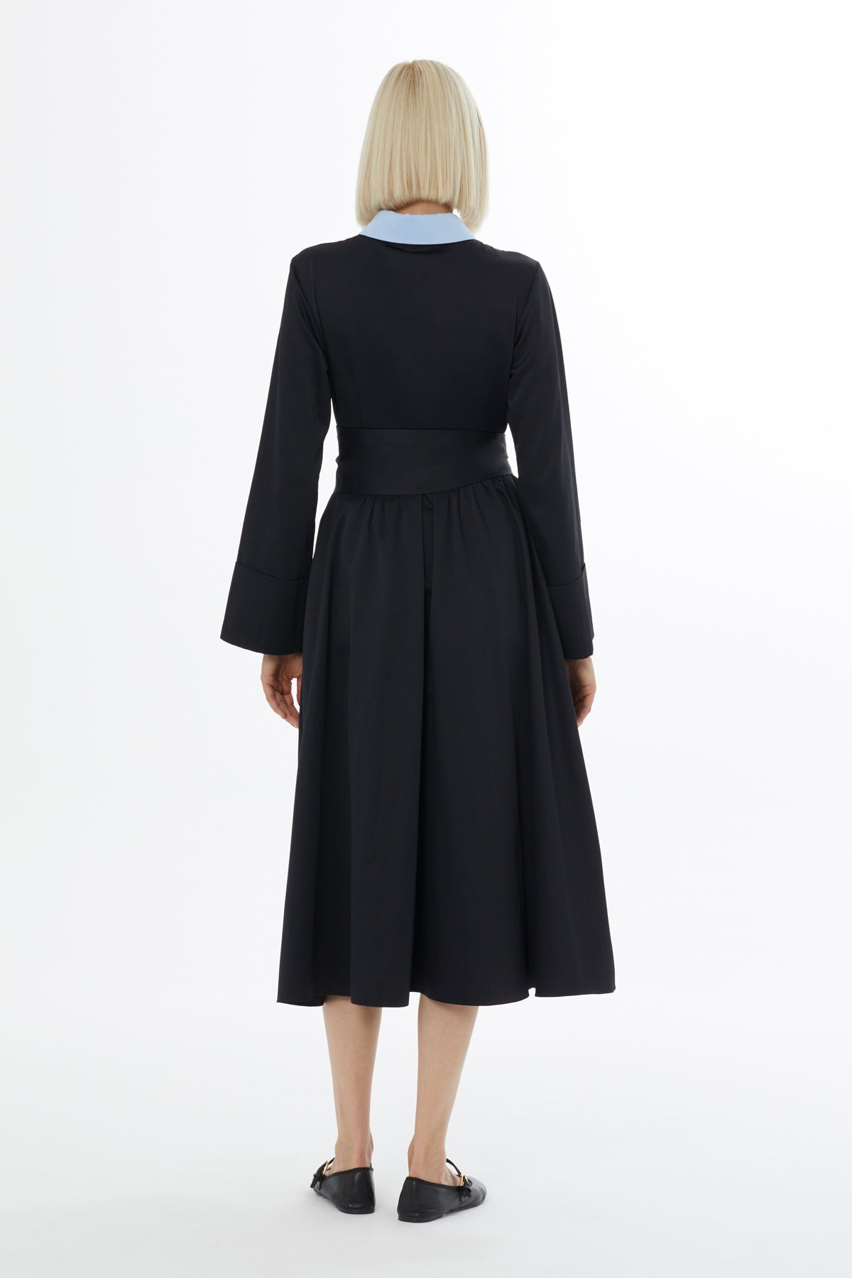 Black Garni Belted Midi Dress