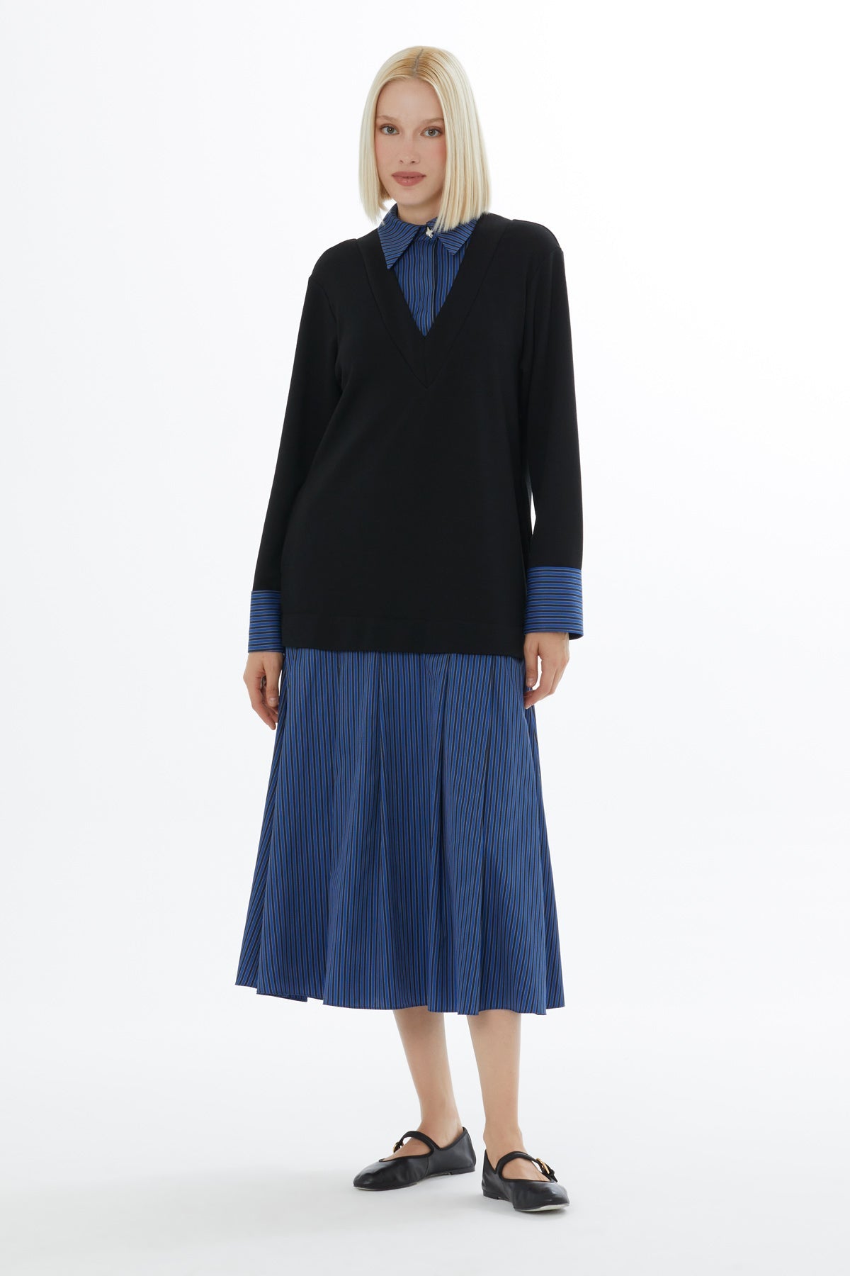 Navy Shirt-Detail Midi Dress