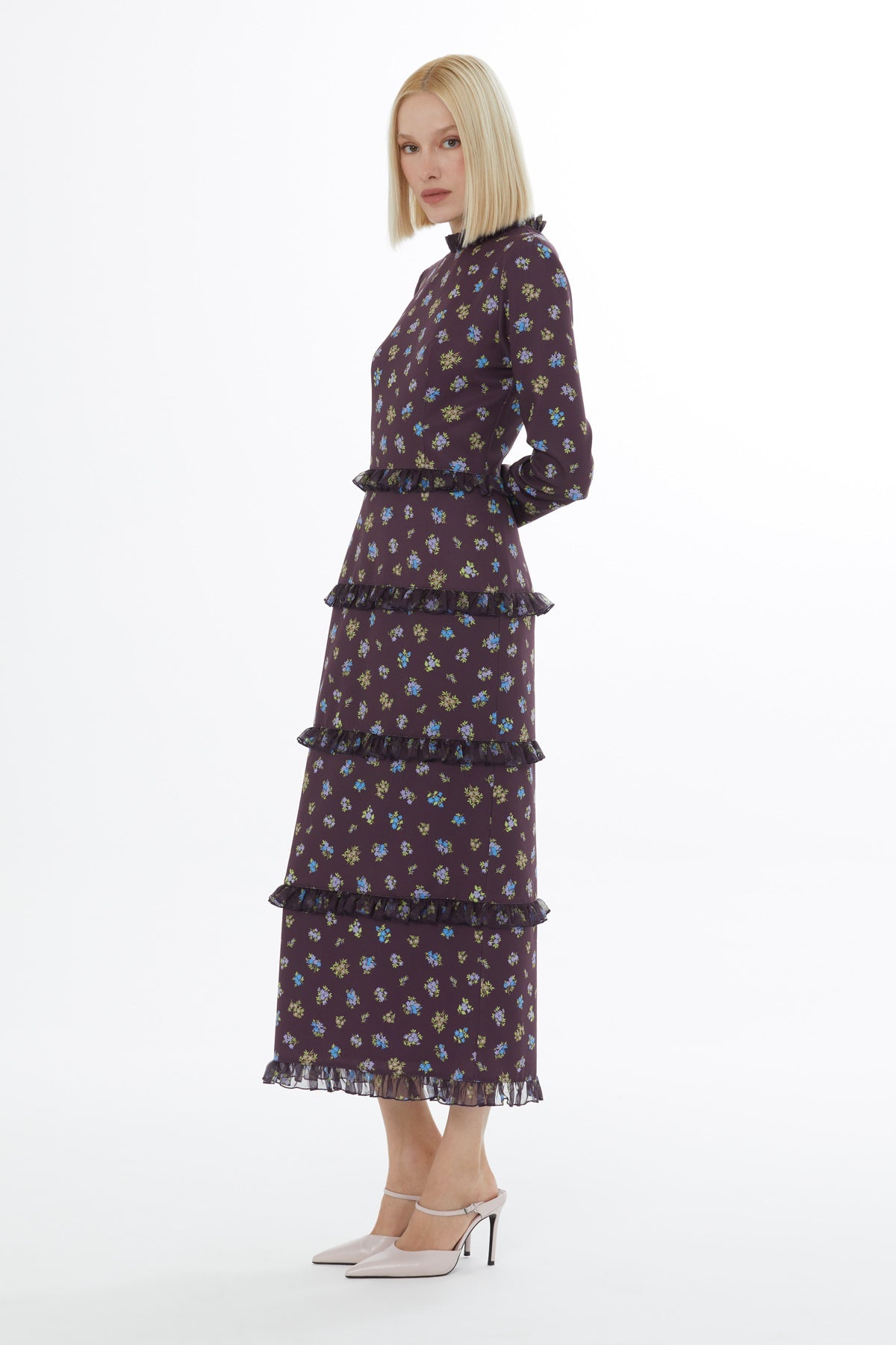 Purple Ruffled High Neck Maxi Dress