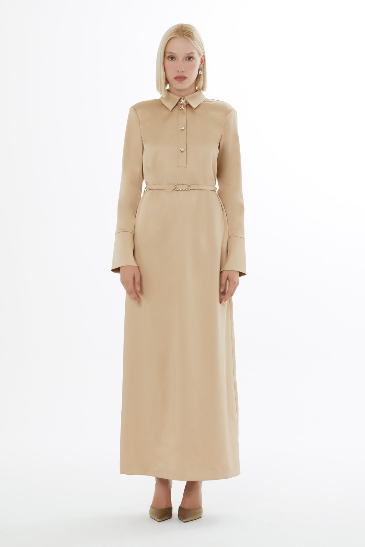 Beige Long-Sleeved Maxi Dress