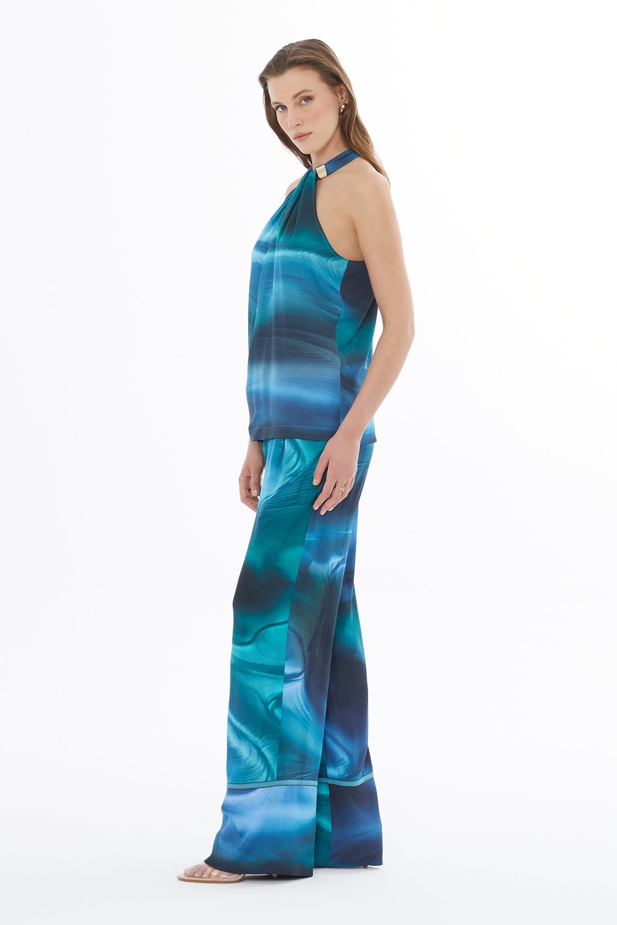 Blue Printed Blouse with Front Buckle