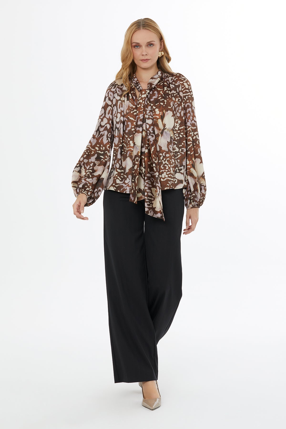Printed Blouse with Tie-Neck