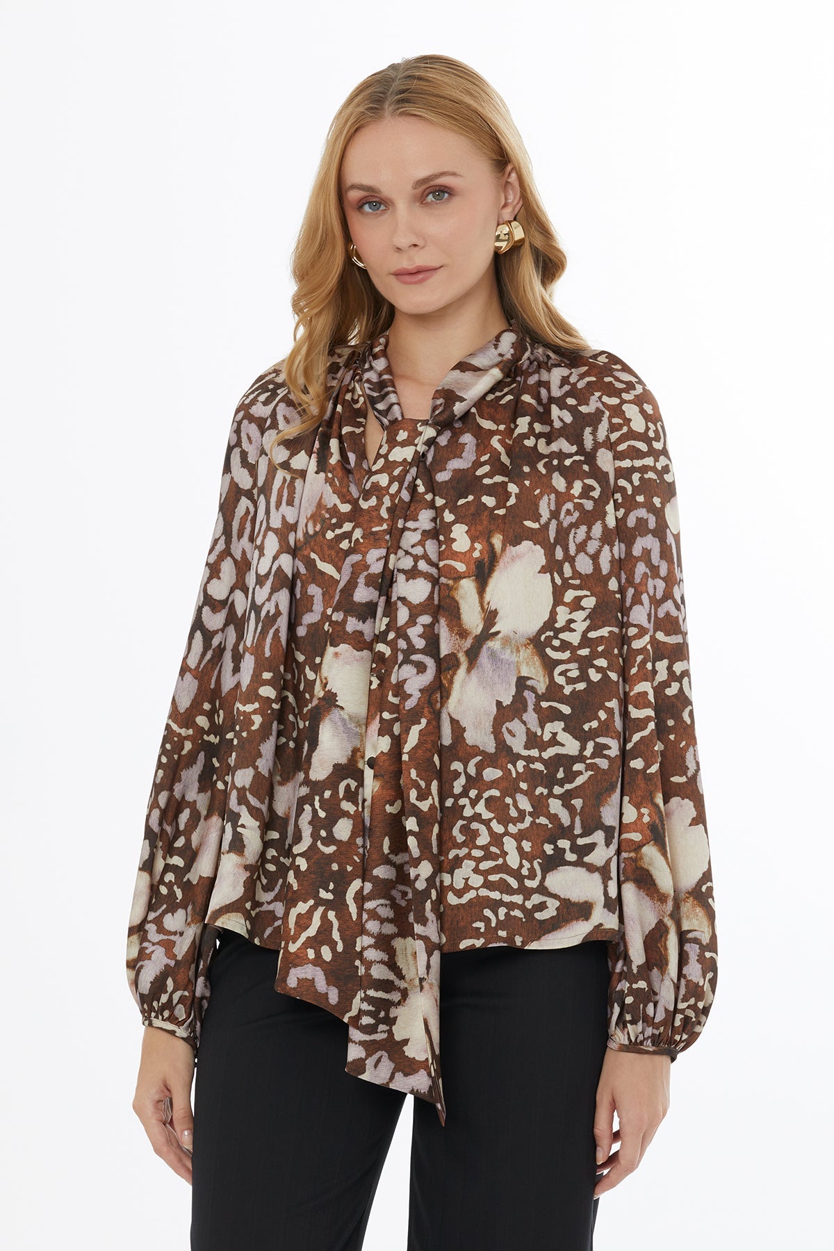 Printed Blouse with Tie-Neck