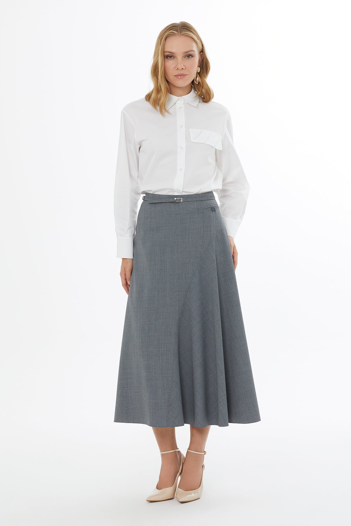 Grey Midi Skirt with Side Zipper