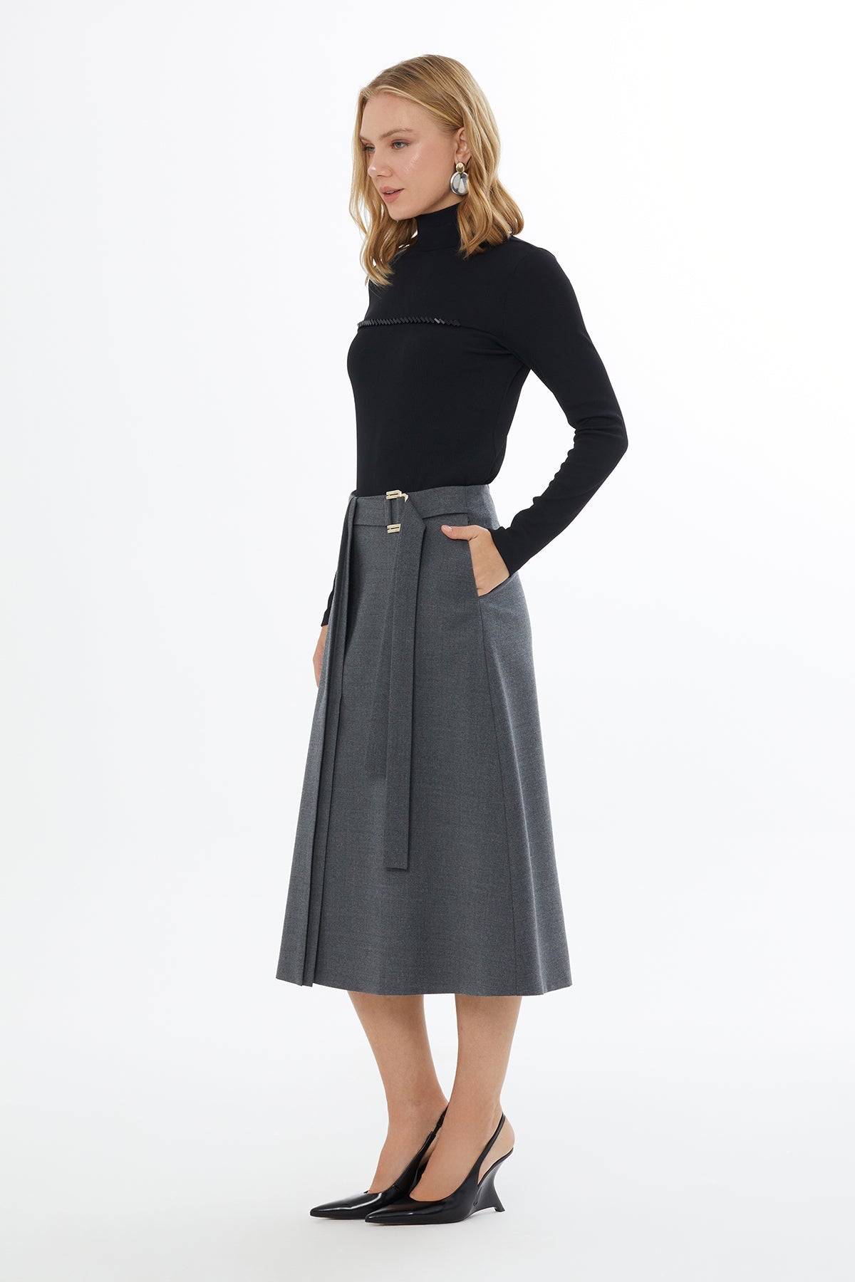 Grey Midi Skirt with Front Belt