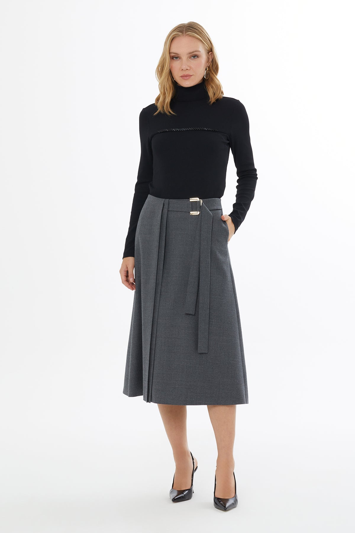 Grey Midi Skirt with Front Belt