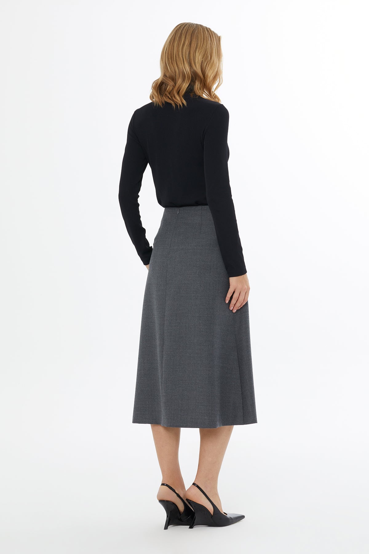 Grey Midi Skirt with Front Belt