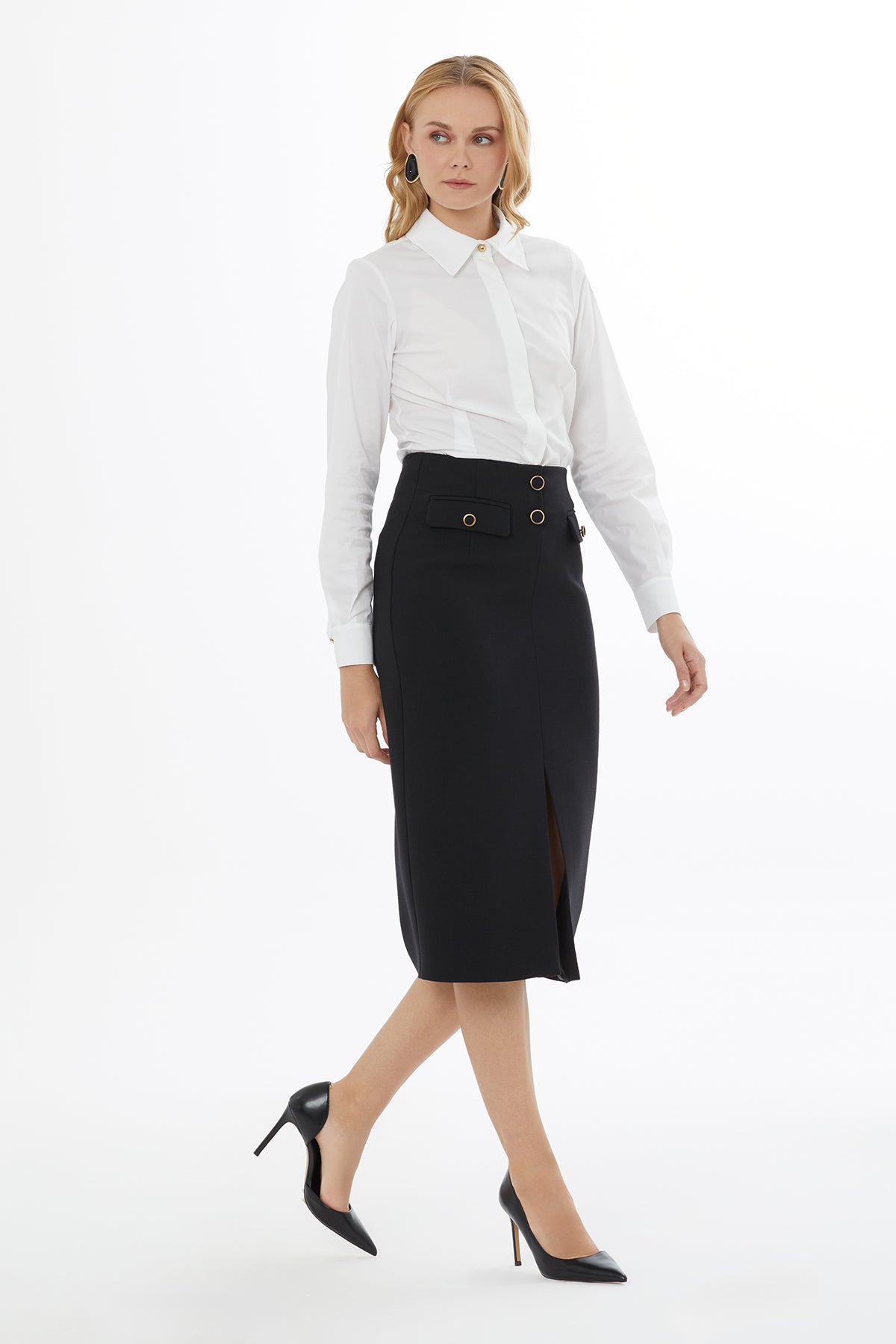 Black Midi Skirt with Buttons