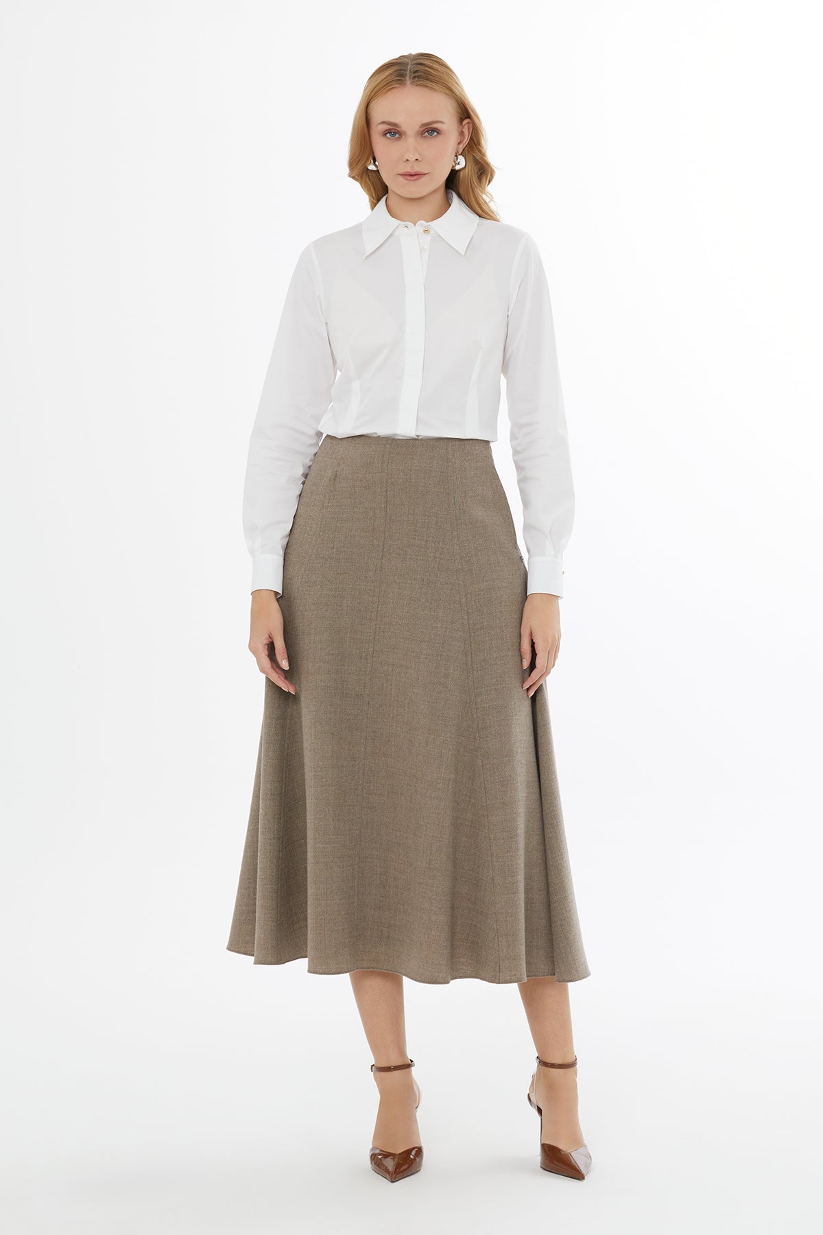Beige Midi Skirt with Hidden Zipper