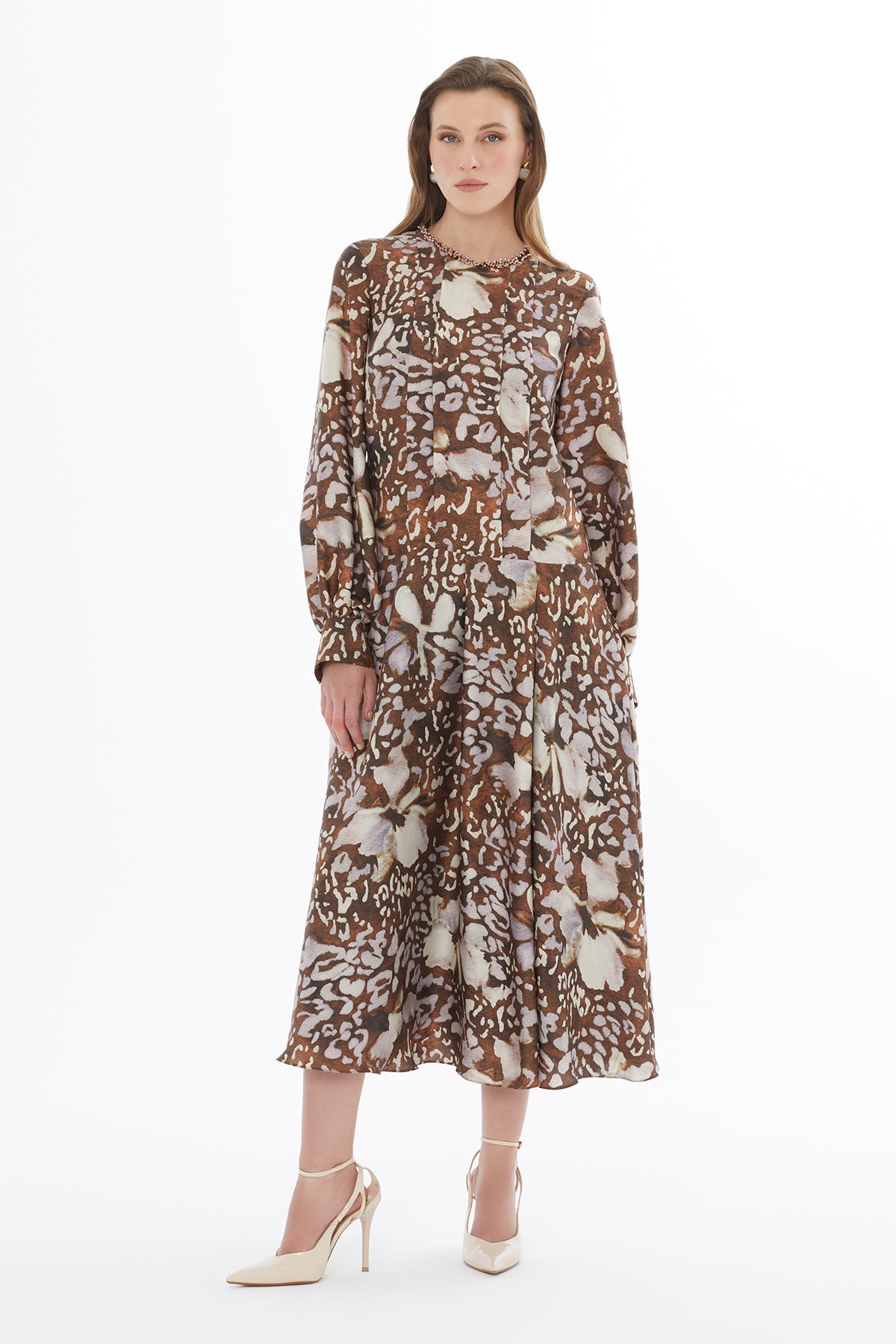 Printed Midi Dress with Beaded Collar