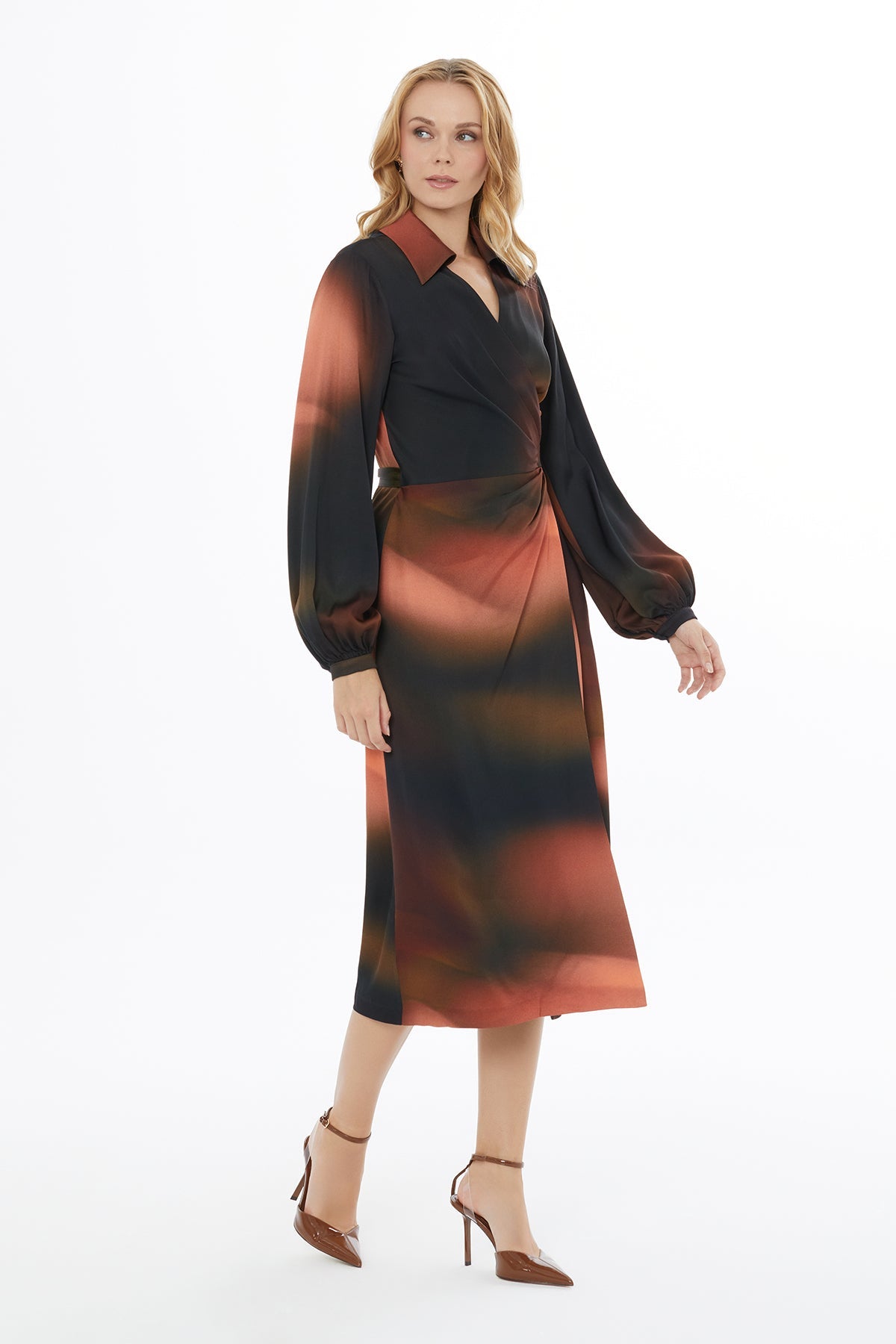 Printed Wrap-Style Midi Dress