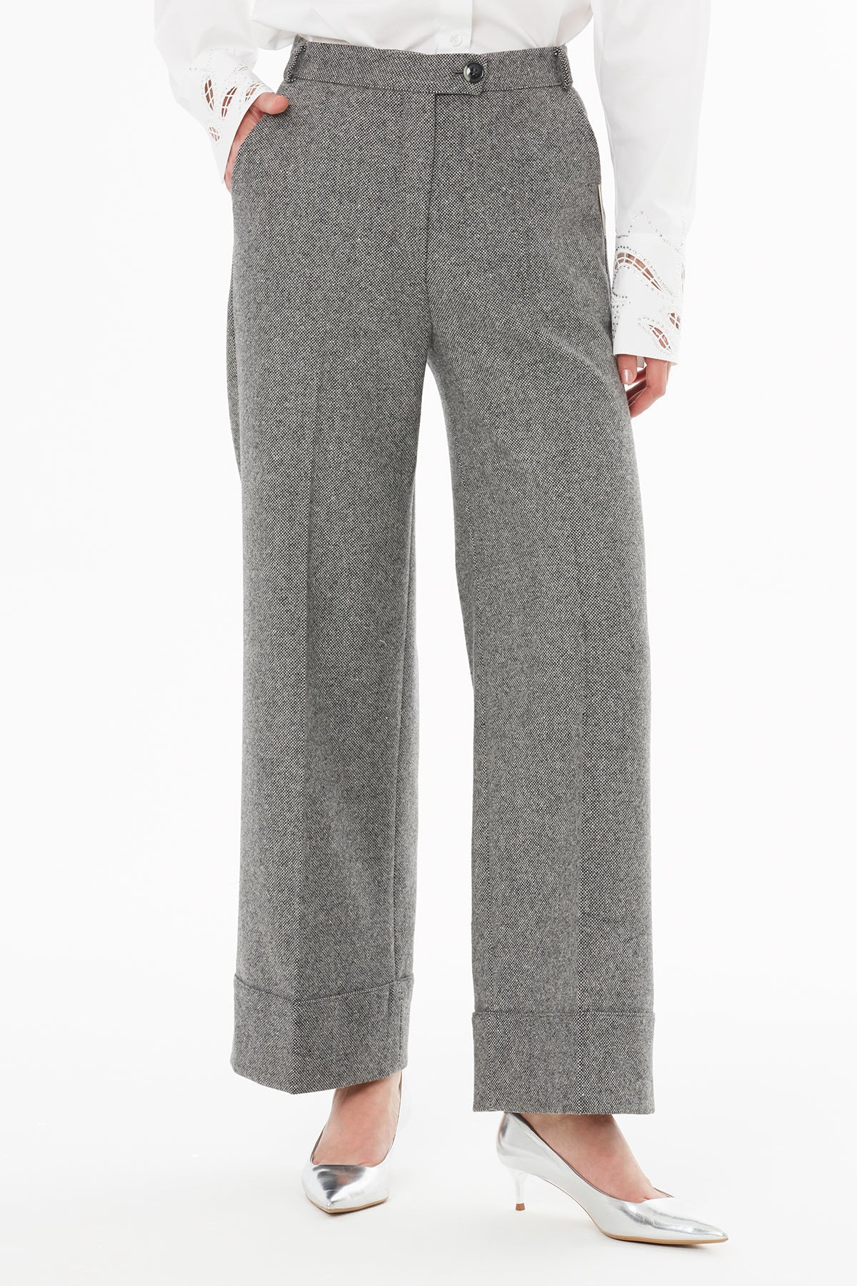 Grey High-Waisted Straight-Leg Trousers