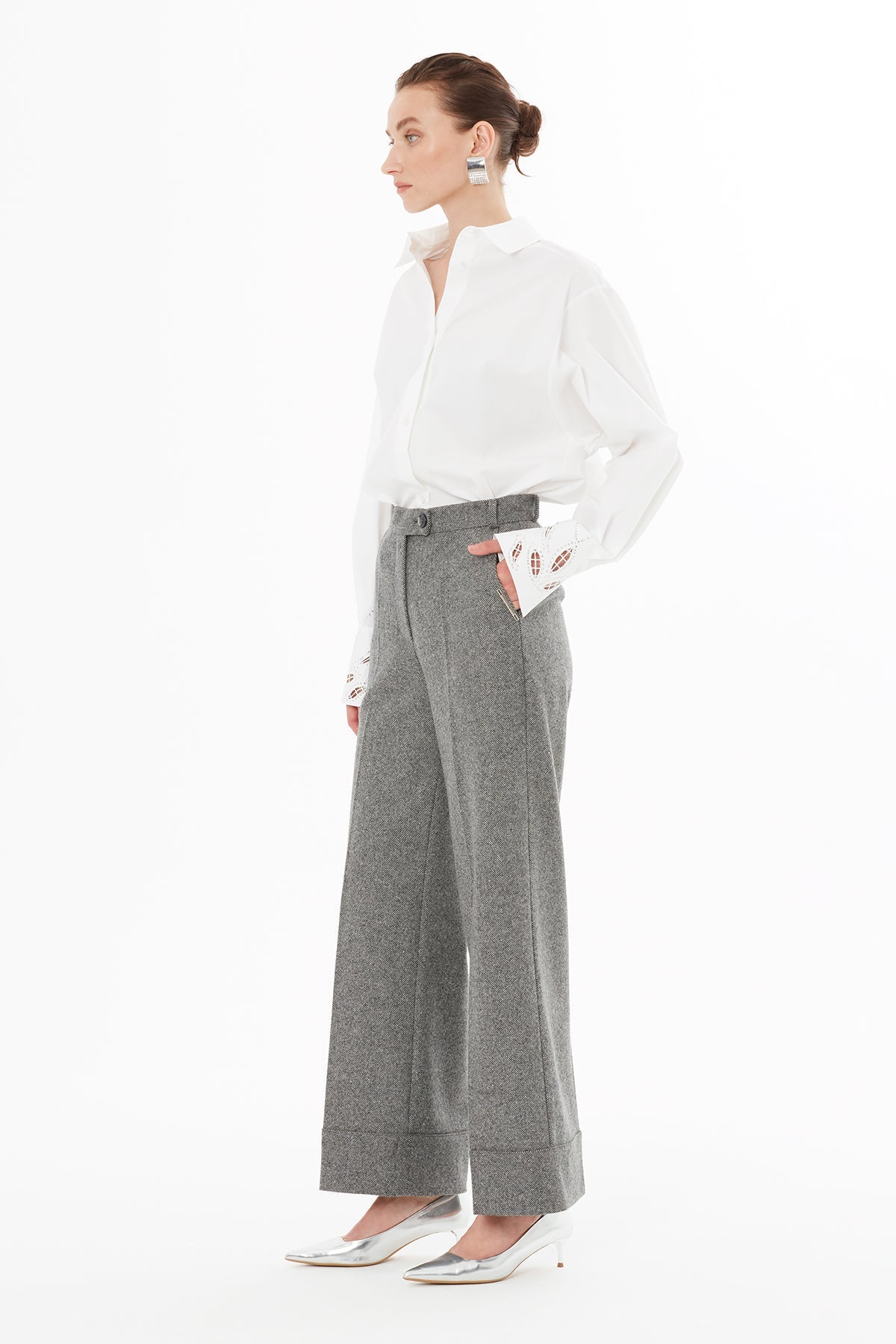 Grey High-Waisted Straight-Leg Trousers