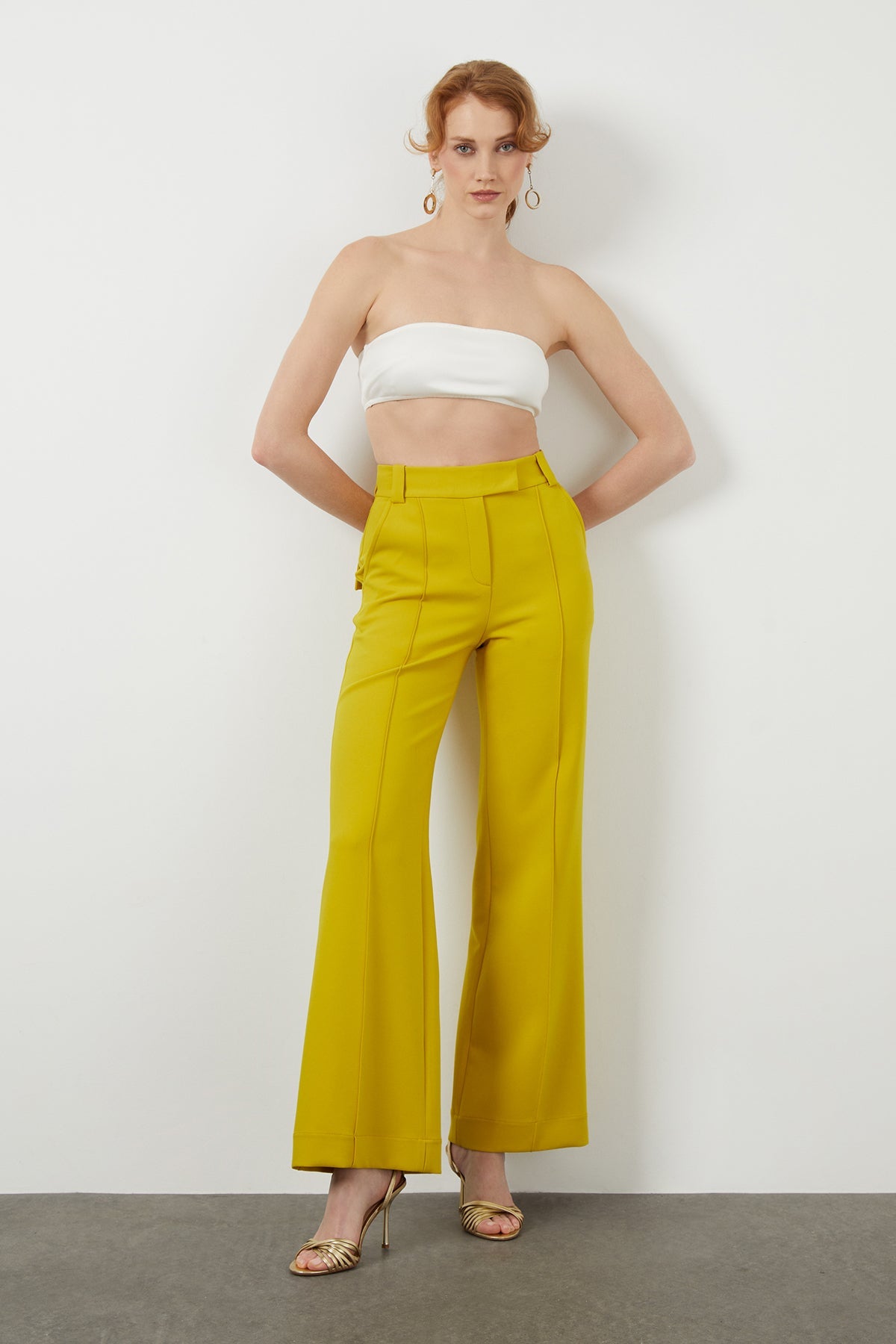 Yellow Wide-Leg Fabric Trousers