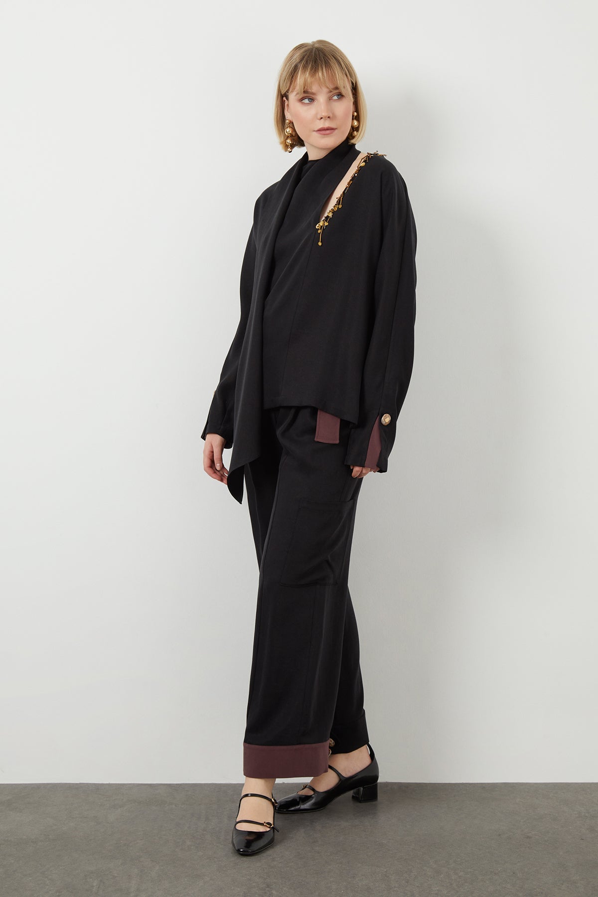 Black Embroidered Tie-Neck Unlined Blouse