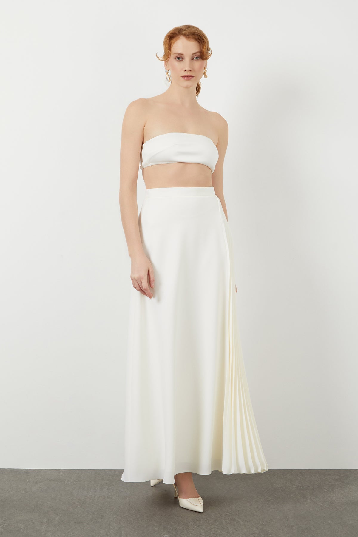 Ecru Pleat-Detail Maxi Skirt