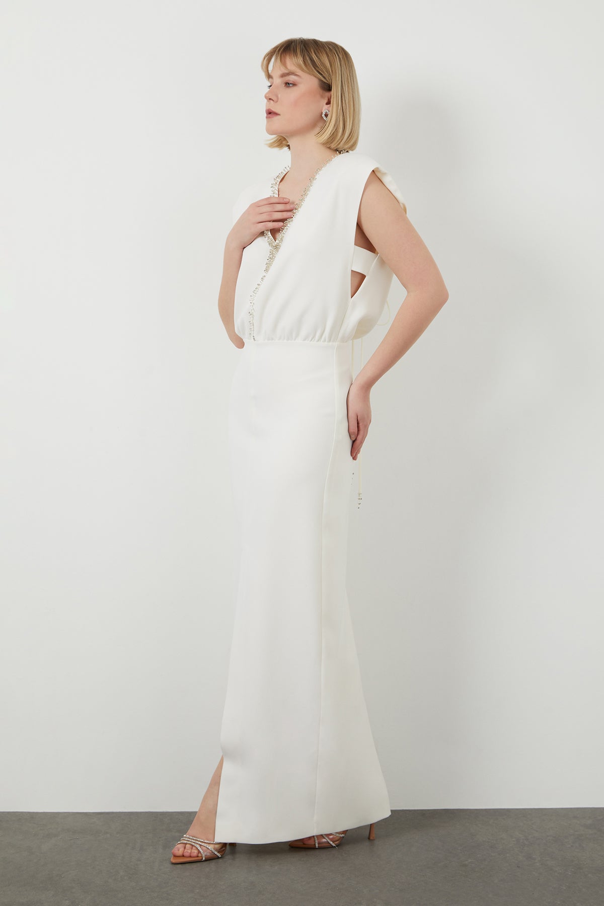 Ecru Embroidered-Collar Slit Maxi Dress