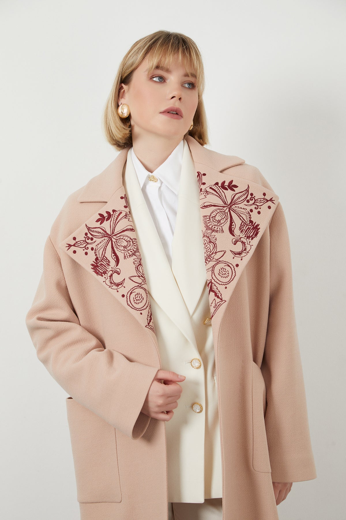 Embroidered Midi Wool Coat