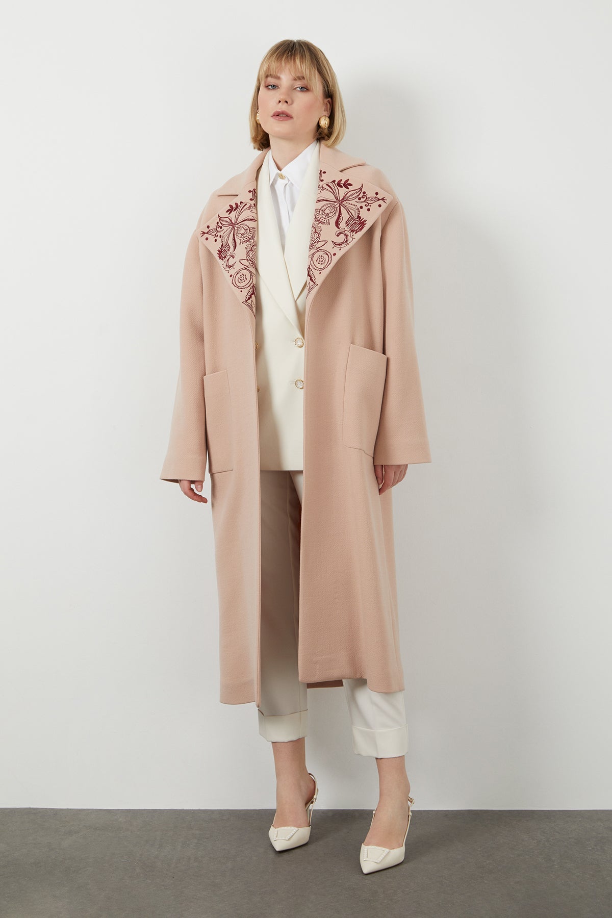 Embroidered Midi Wool Coat