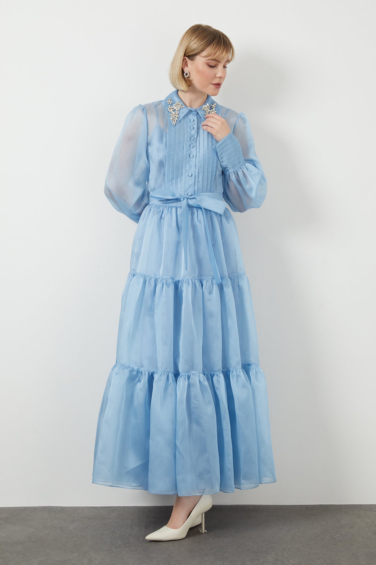 Blue Embroidered-Collar Button-Front Midi Dress