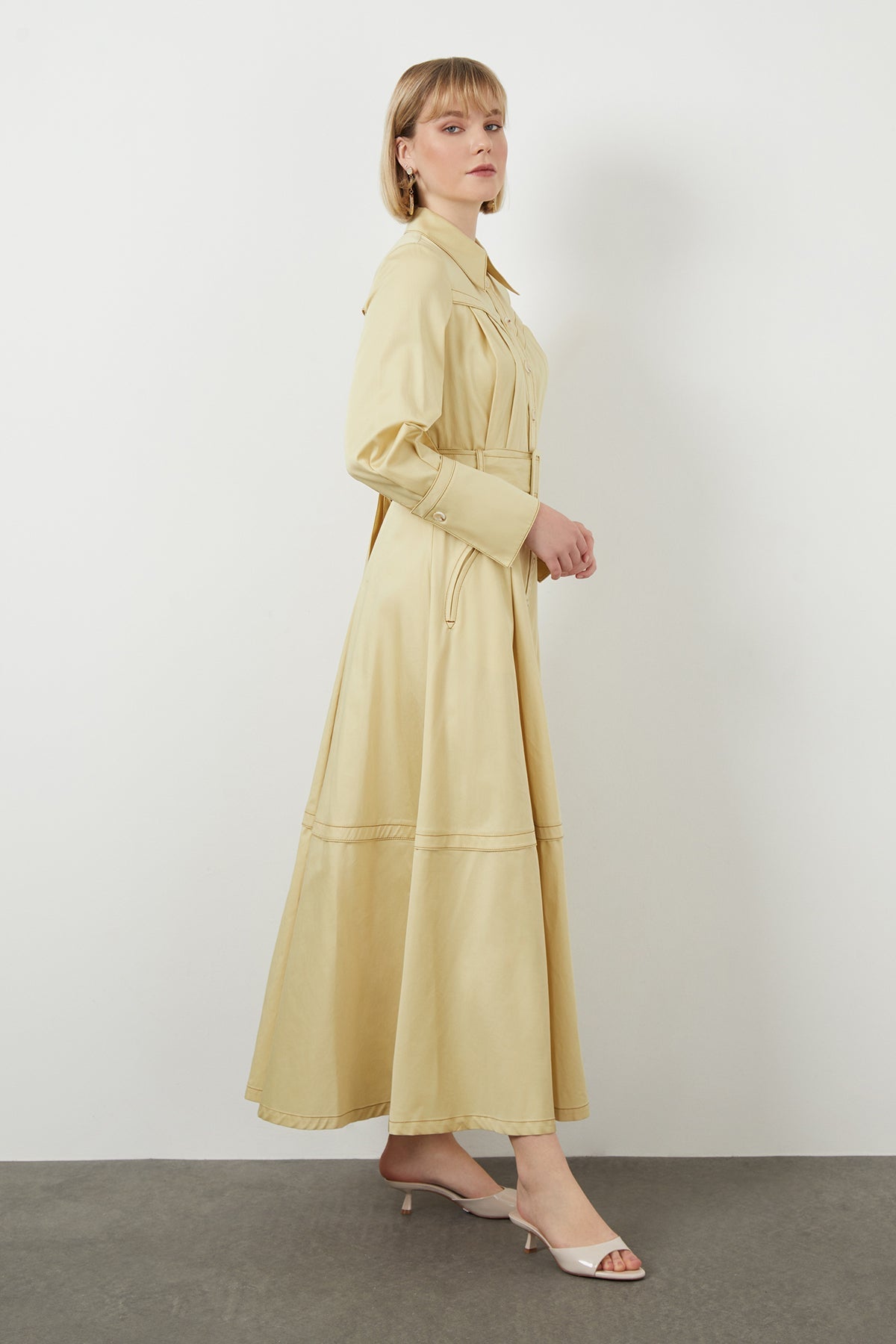 Ecru Sash-Detail Cotton Midi Dress