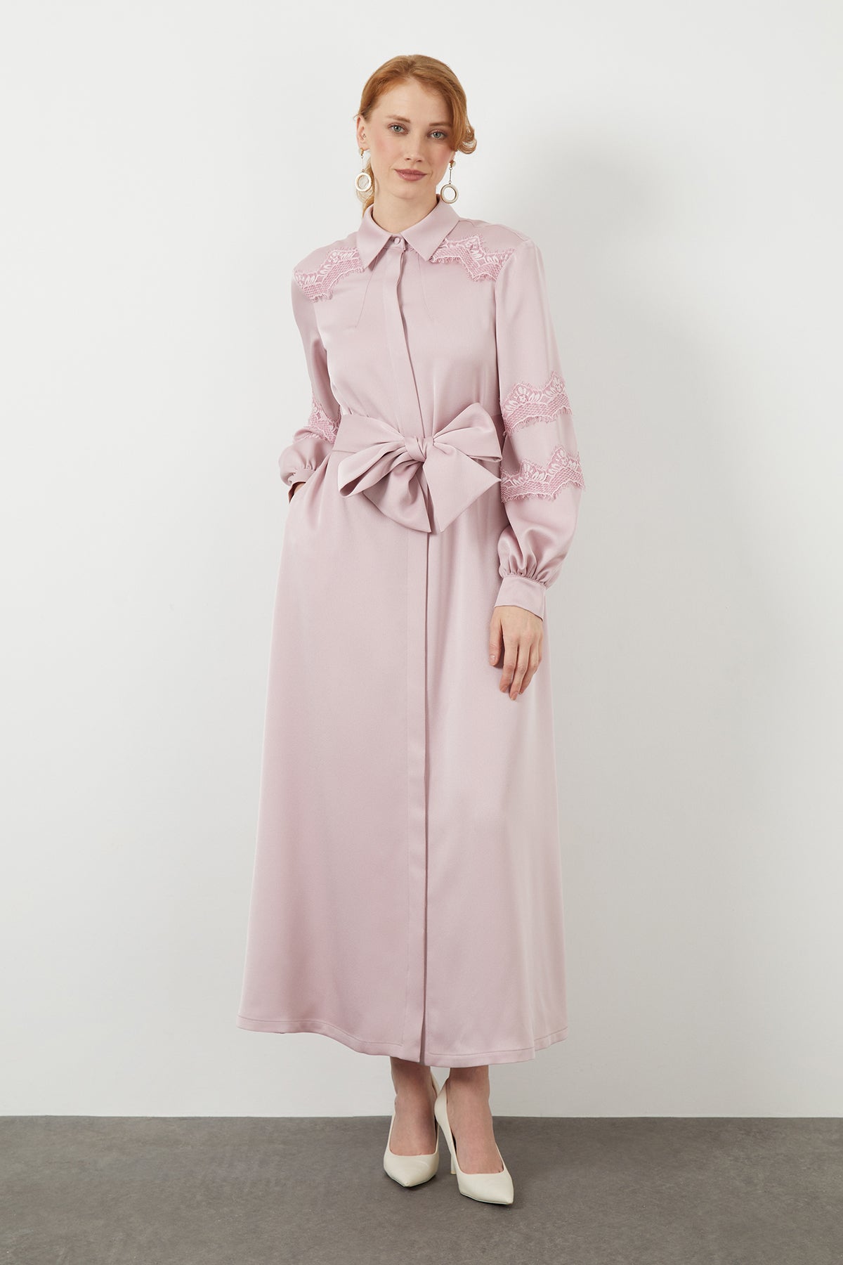 Pink Lace Sash-Detail Midi Dress