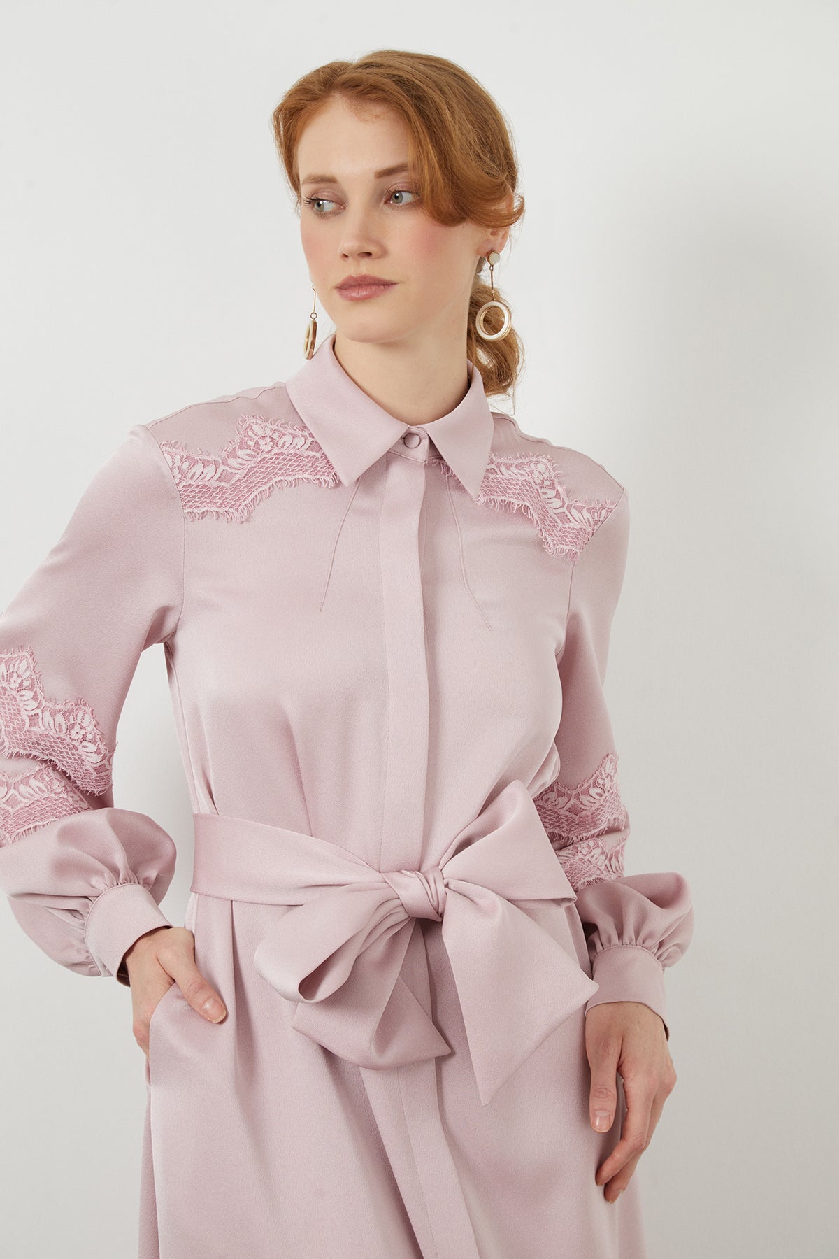 Pink Lace Sash-Detail Midi Dress